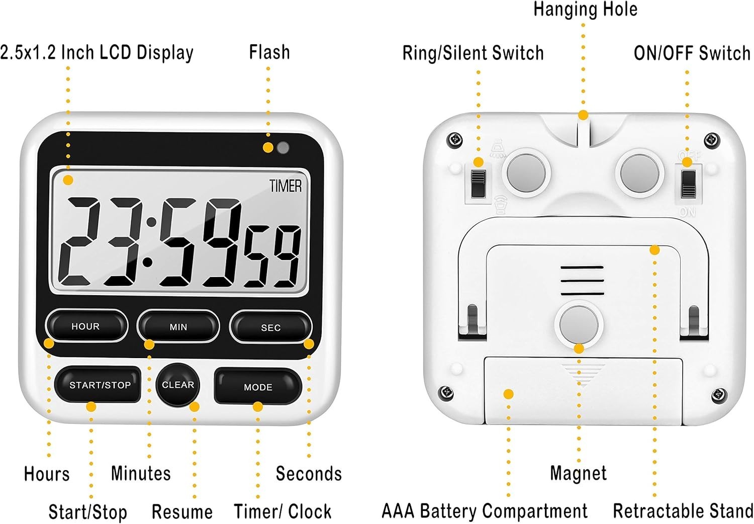 Ktkudy Digital Kitchen Timer – Mute/Loud Alarm, 12-Hour Clock & Memory Function