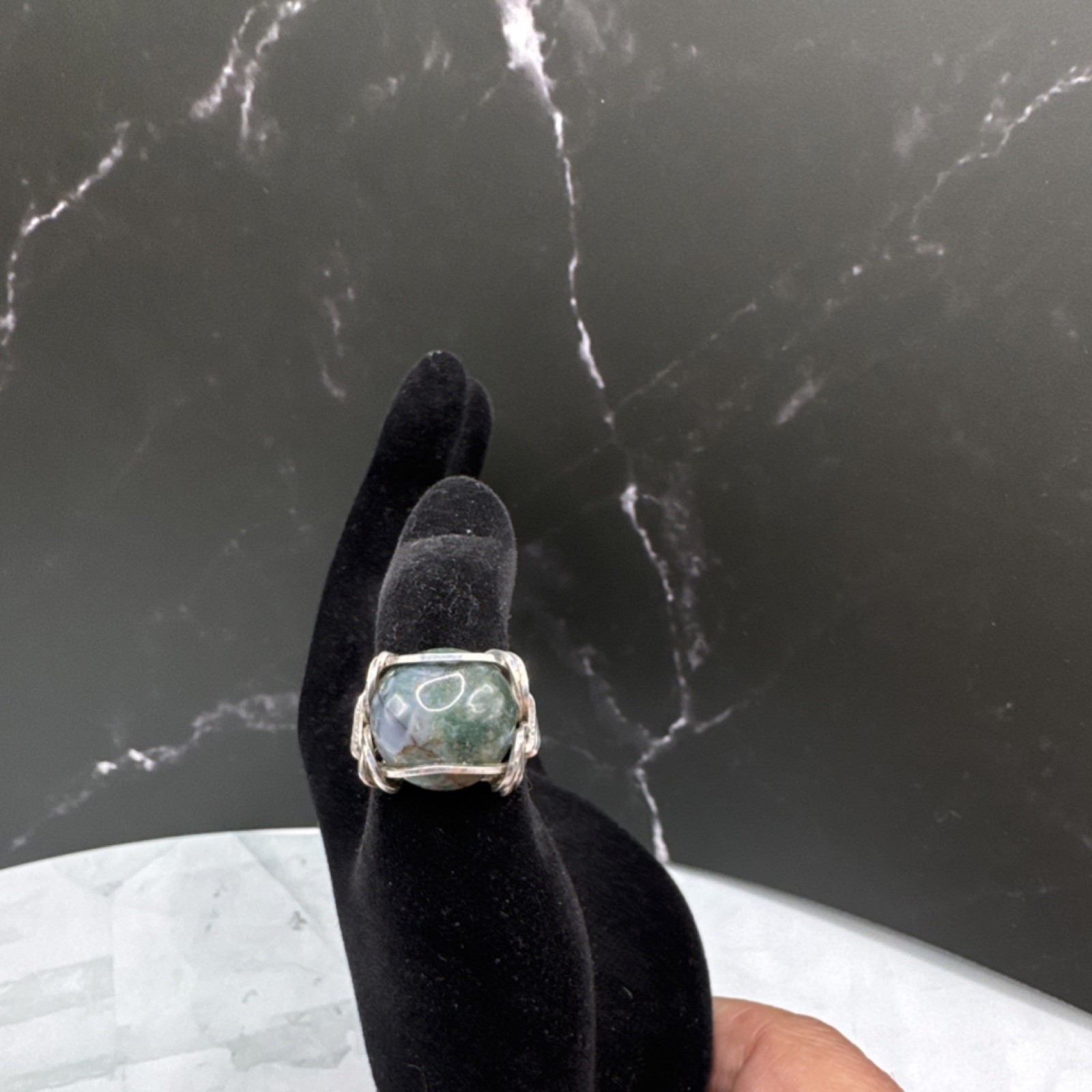 Vintage Handcrafted Silver Wire Wrapped Green Agate Cabochon Ring Size 8