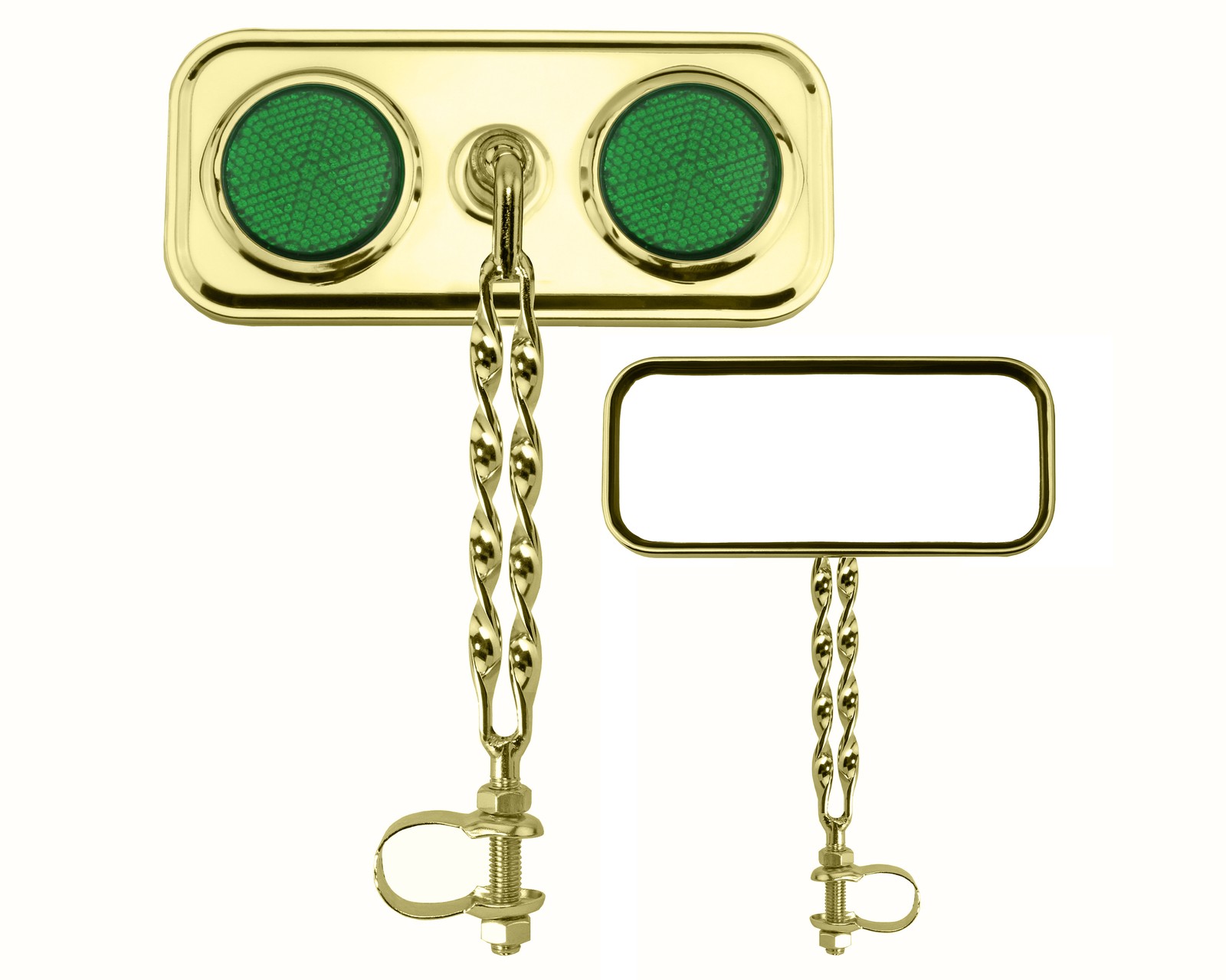 Two Bike Rectangle Double Flat Twisted Mirror Gold Green Reflectors.
