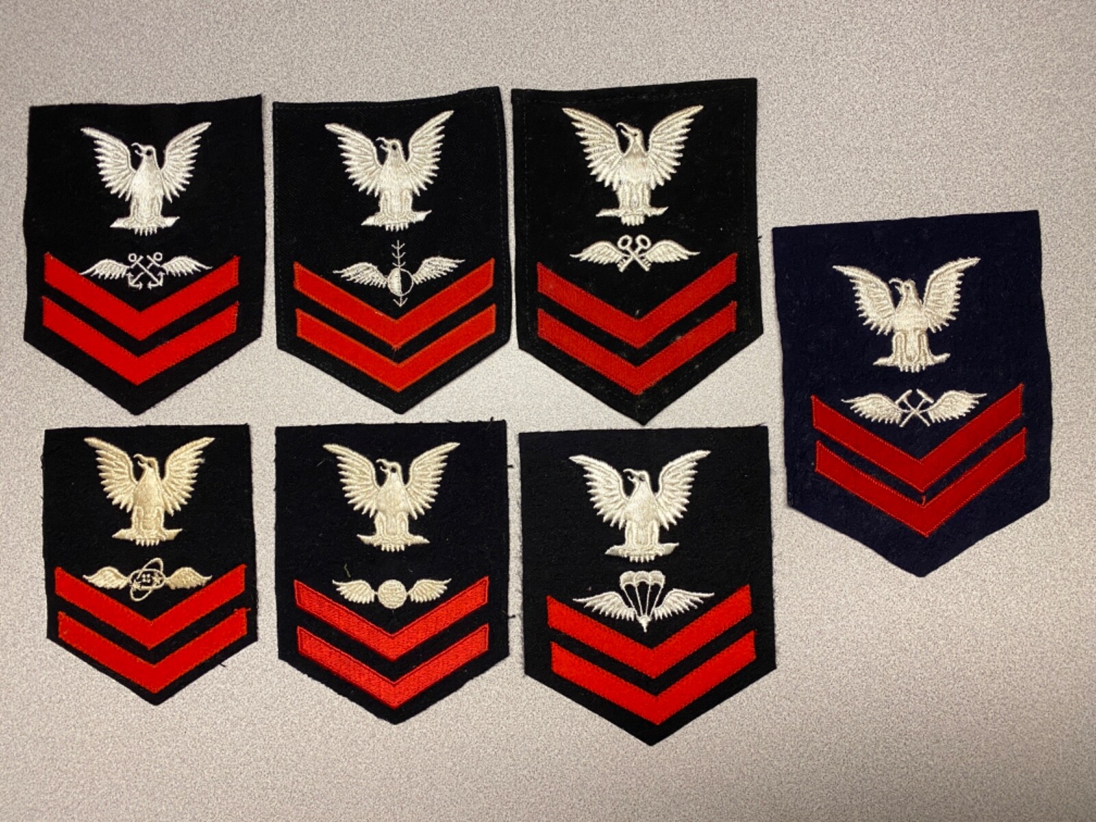 U.S.N. 2nd CLASS RATES, AVIATION BRANCH, RED ON BLUE, ASSORTED TIME PERIODS
