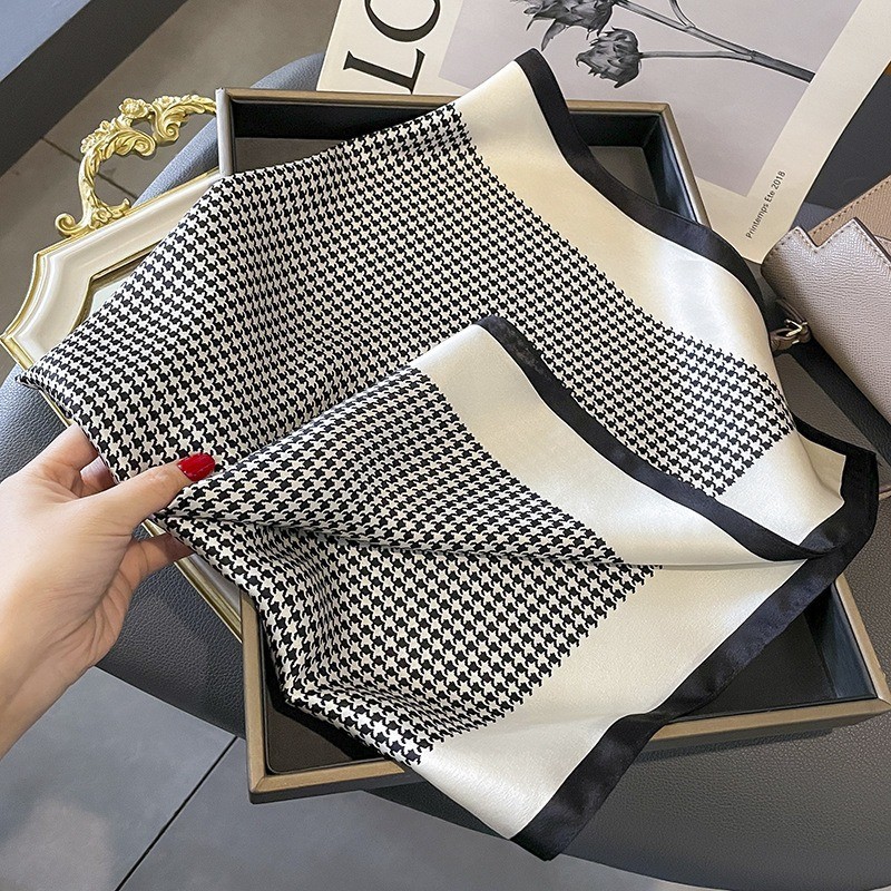 100% Silk Scarf Women White Black Houndstoo Kerchief Square Bandana Wrap 68*68cm