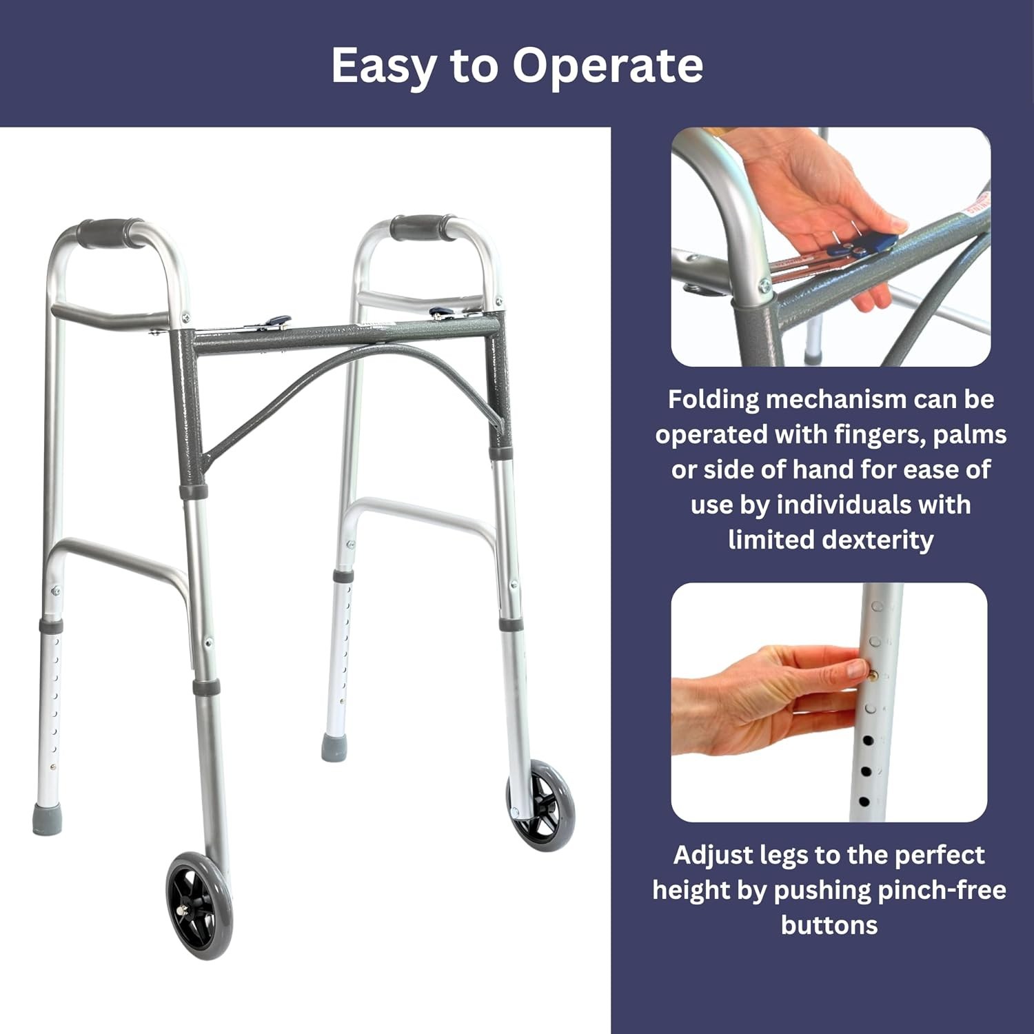 Two Button Walker with 5” Wheels - Lightweight Folding Drive Walker for Senio...