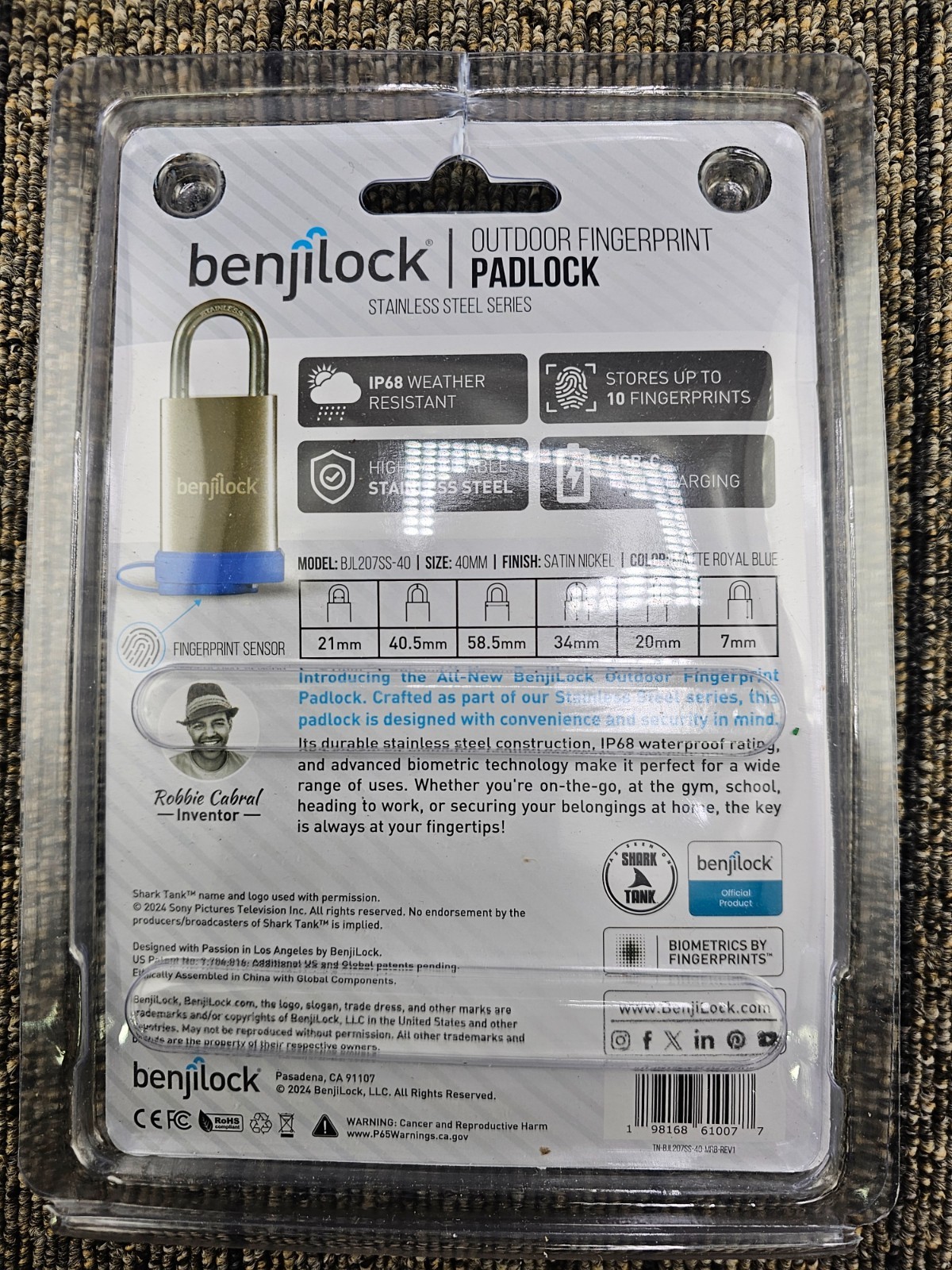 BenjiLock BJL207SS-40 Outdoor Fingerprint Padlock- Satin Nickel - 40mm Blue