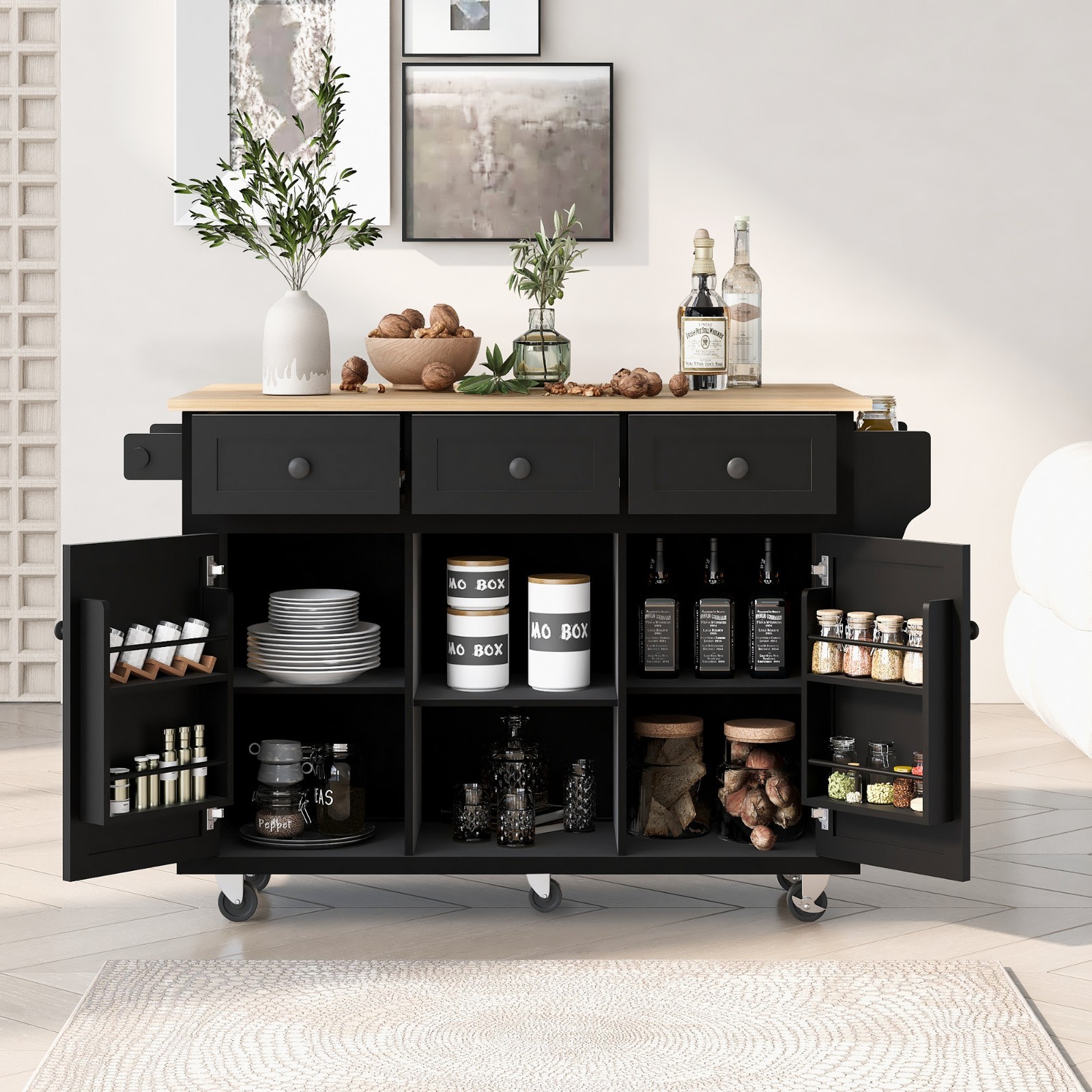 Kitchen Cart w/Rubber Wood Drop-Leaf Countertop 5 Wheels Storage Cabinet Drawers