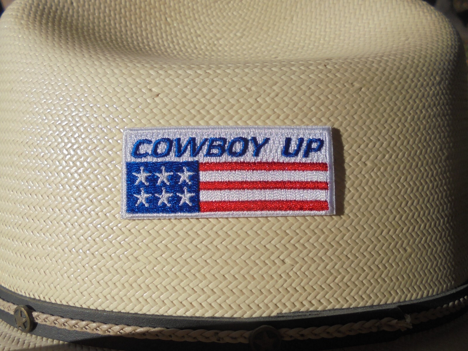 COWBOY UP ADHESIVE BACK CLOTH HAT PATCH 2.25 BY 1"