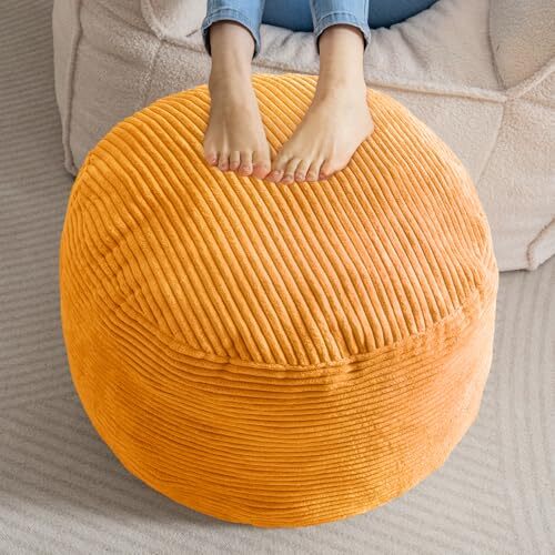 Round Stuffed Pouf Ottoman, Corduroy Poufs with Foam Chunk 20 inch Orange
