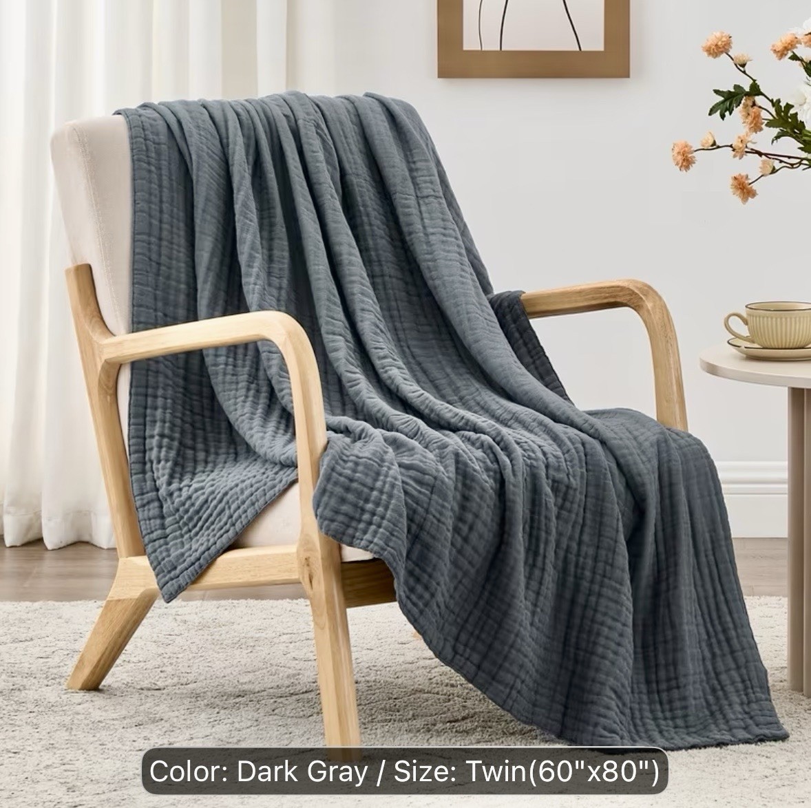 Twin Size 6 Layer 100% Cotton Muslin Blanket 60" x 80" (Dark Gray)