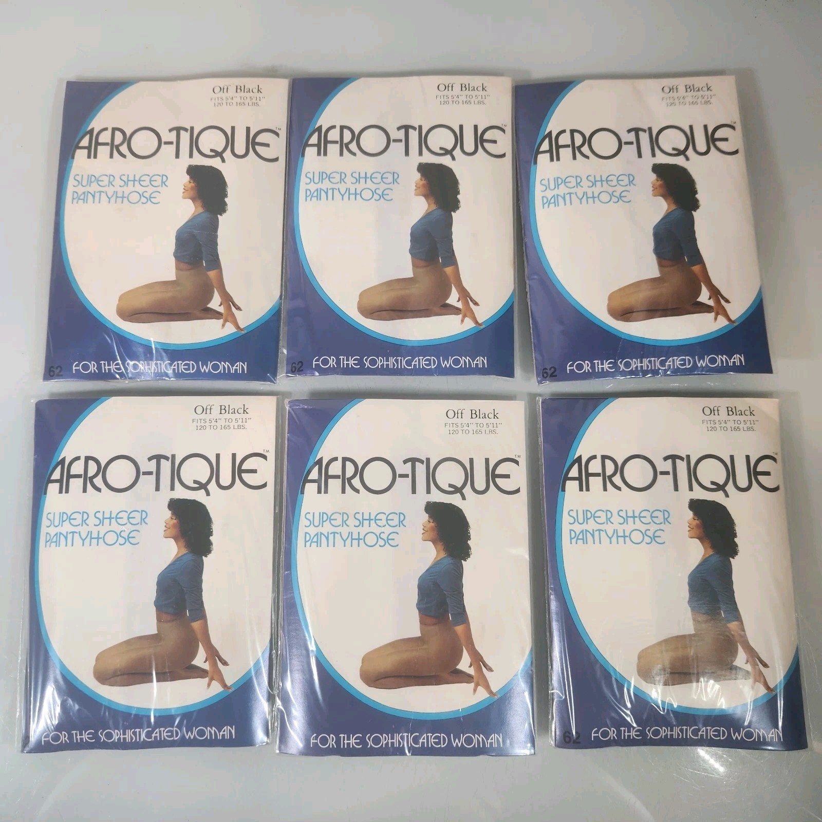 Afro-tique Super Sheer Pantyhose Color Off Black 5'4"-5'11" 120-165 Lbs LOT OF 6