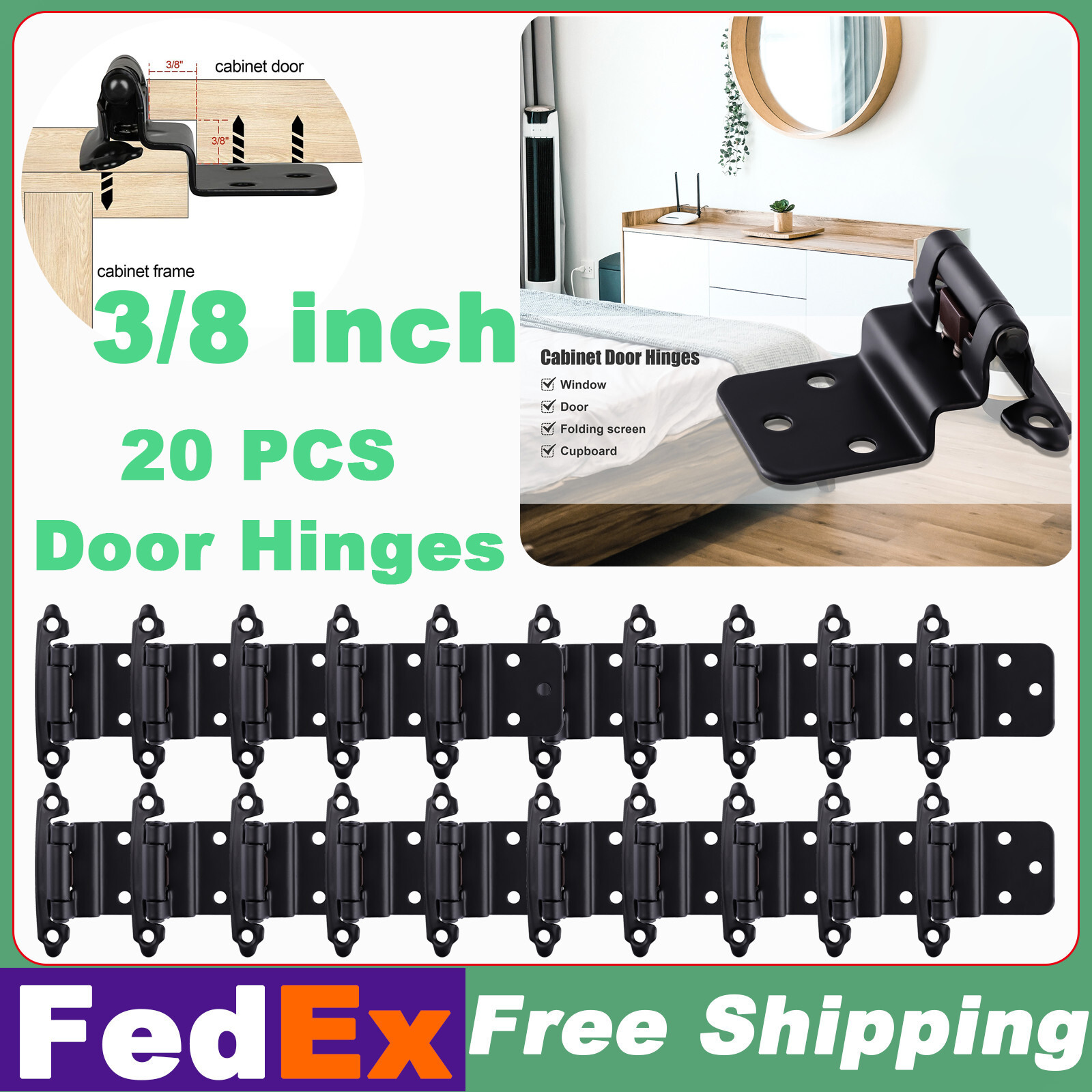 20 PCS 3/8 Inch Inset Cabinet Door Hinges Face Mount Self Closing Door Hinges US