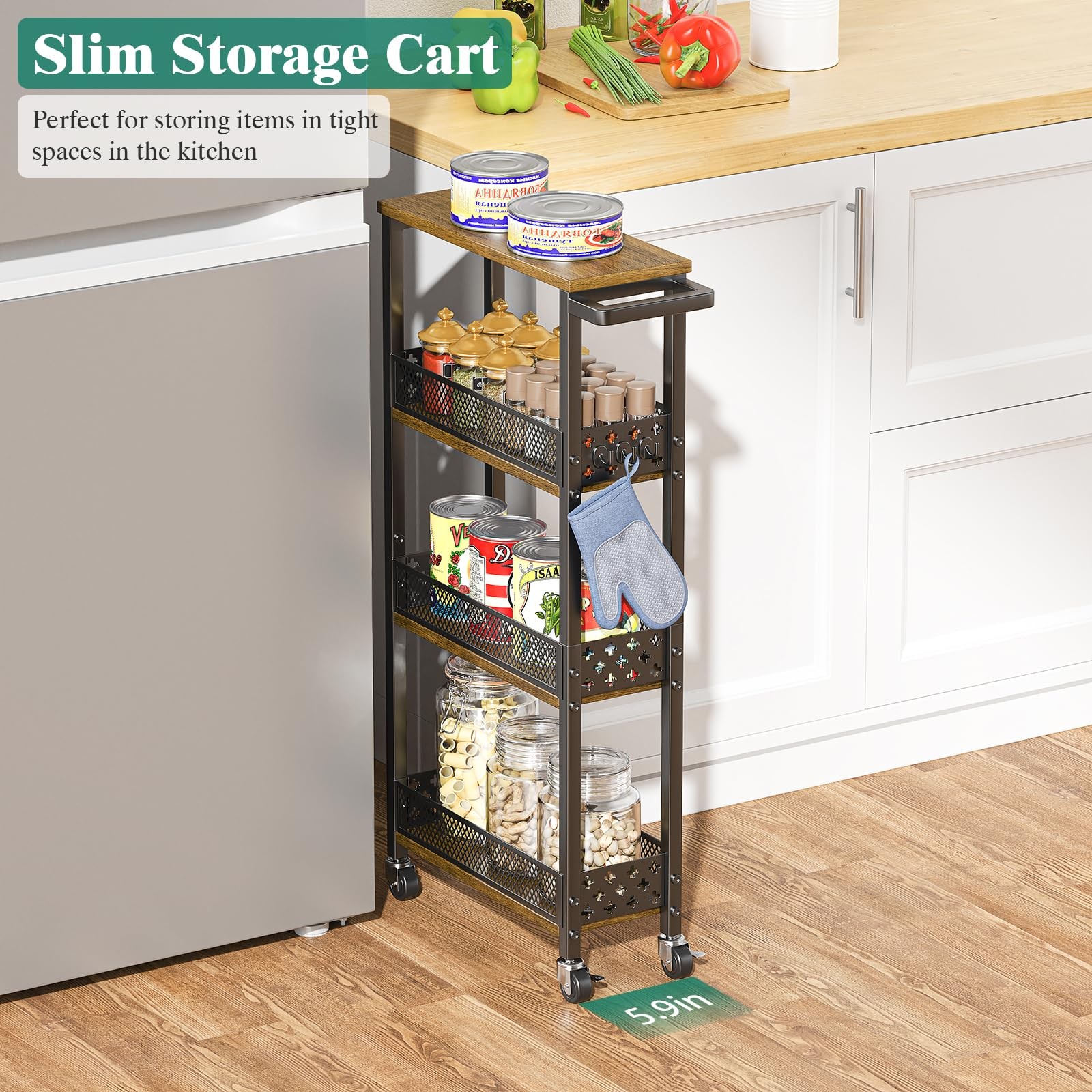 4-Tier Slim Rolling Storage Cart for Kitchen Bathroom Organizer, Mobile Narro...