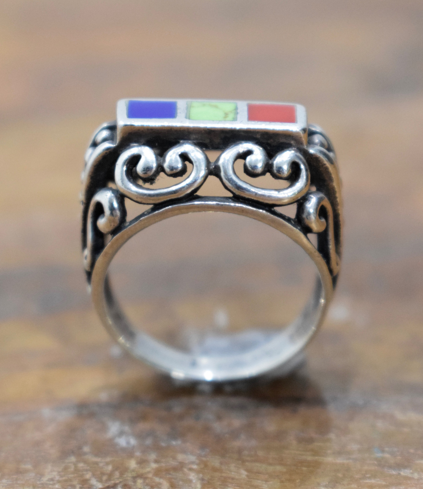Ring Sterling Silver Inlaid Ornate Stone Ring