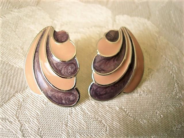 Vintage Silver Tone Beige and Purple Pierced Earrings KJ
