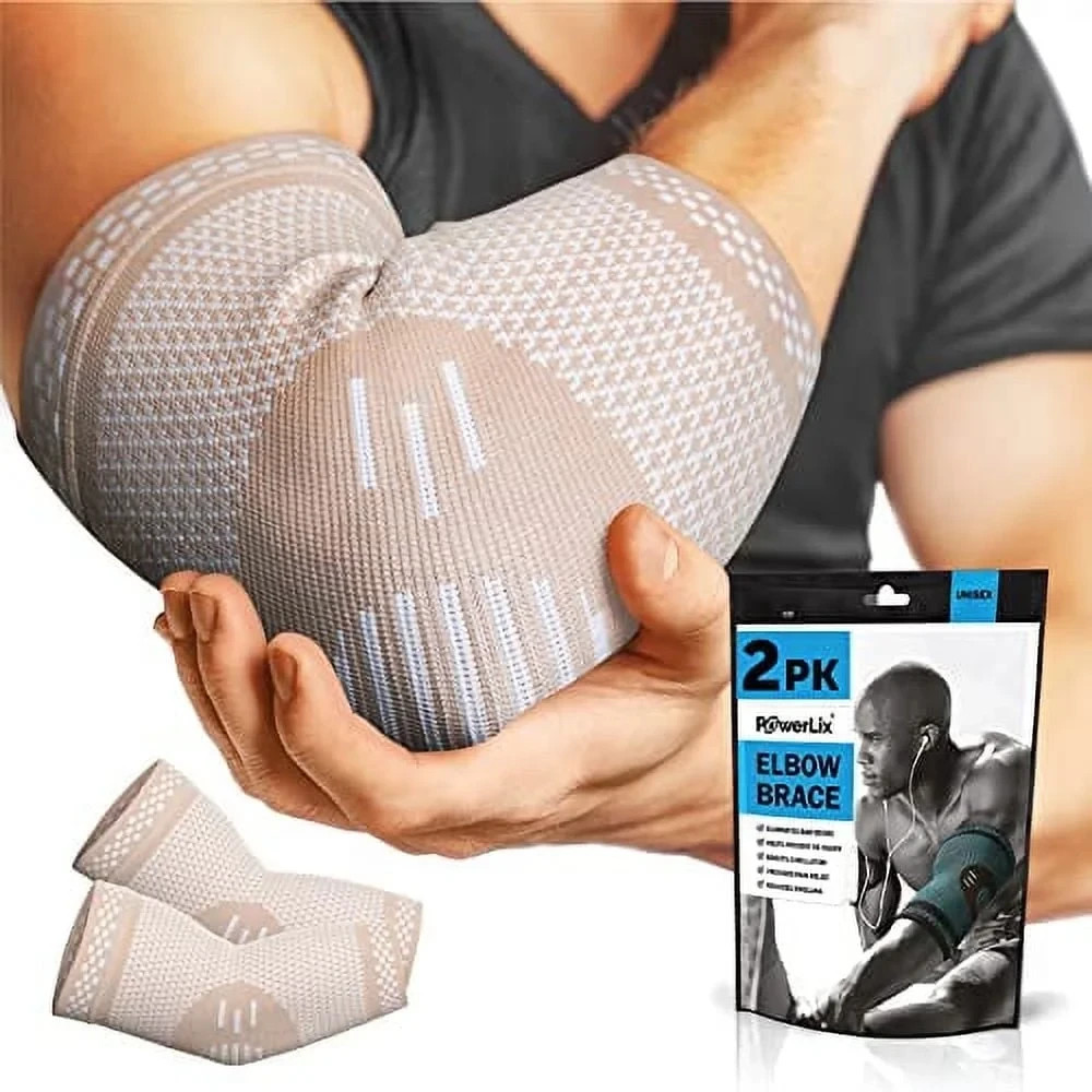 PowerLix Elbow Brace Compression Support Sleeve Pair Large Beige