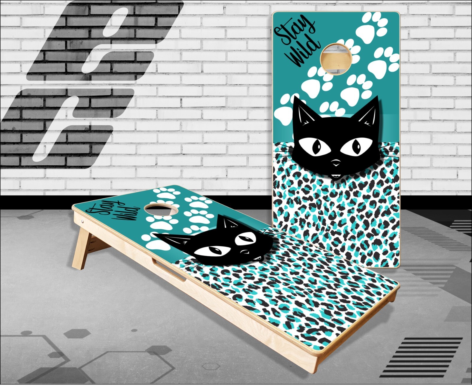 Stay Wild Cat Print Cornhole Boards Bean Bag Toss Game