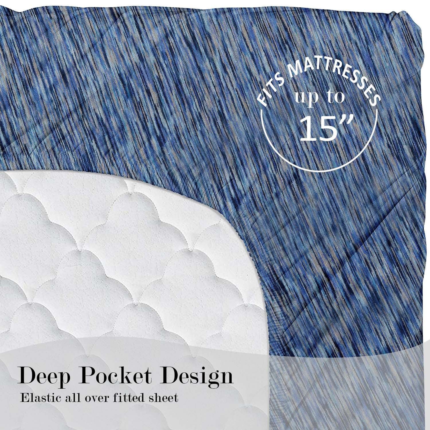 100% Cotton Extra Soft Jersey Bed Sheet Set Full Blue Crackle 4 Pieces