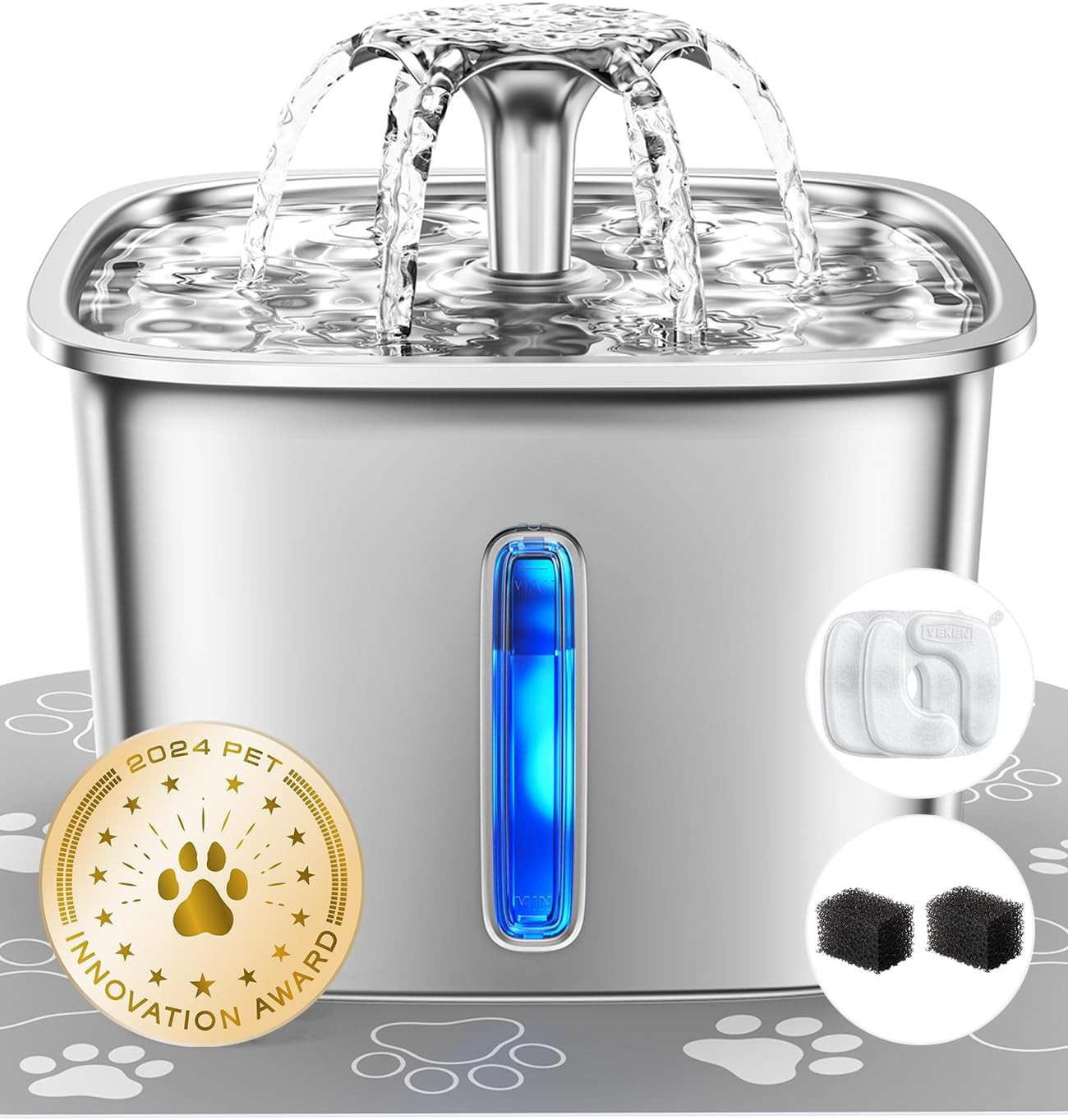 Veken Award-Winning Stainless Steel 95Oz Pet Water Fountain with Filters & Mat