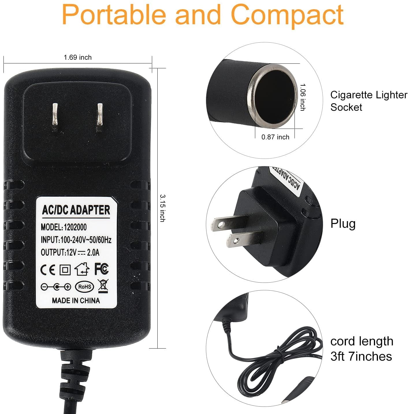 AC to DC Converter, 2A 24W Car Cigarette Lighter Socket Adapter to Wall Plug