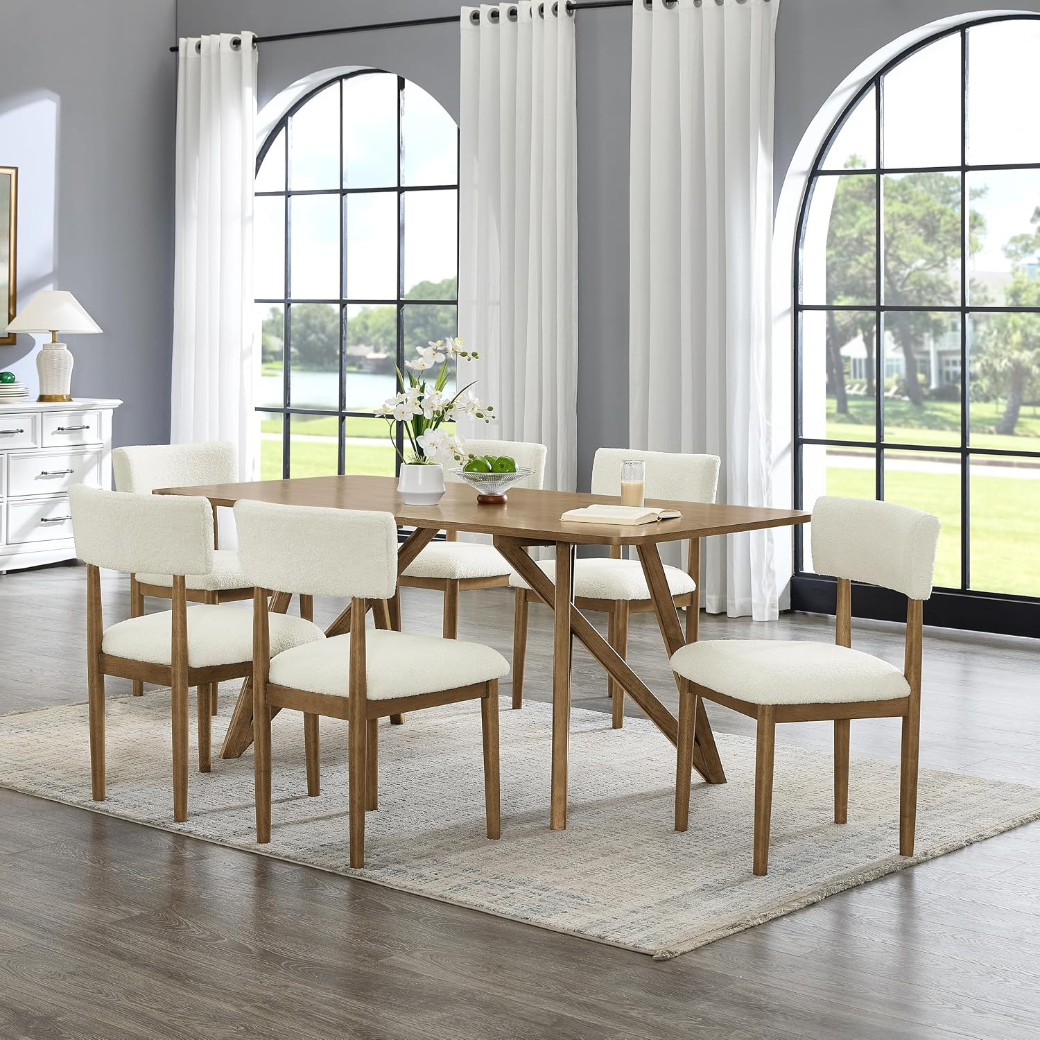 Axler 7-Piece Dining Set, Tripod-Cross Dining Table with 6 Stylish Chairs, Light