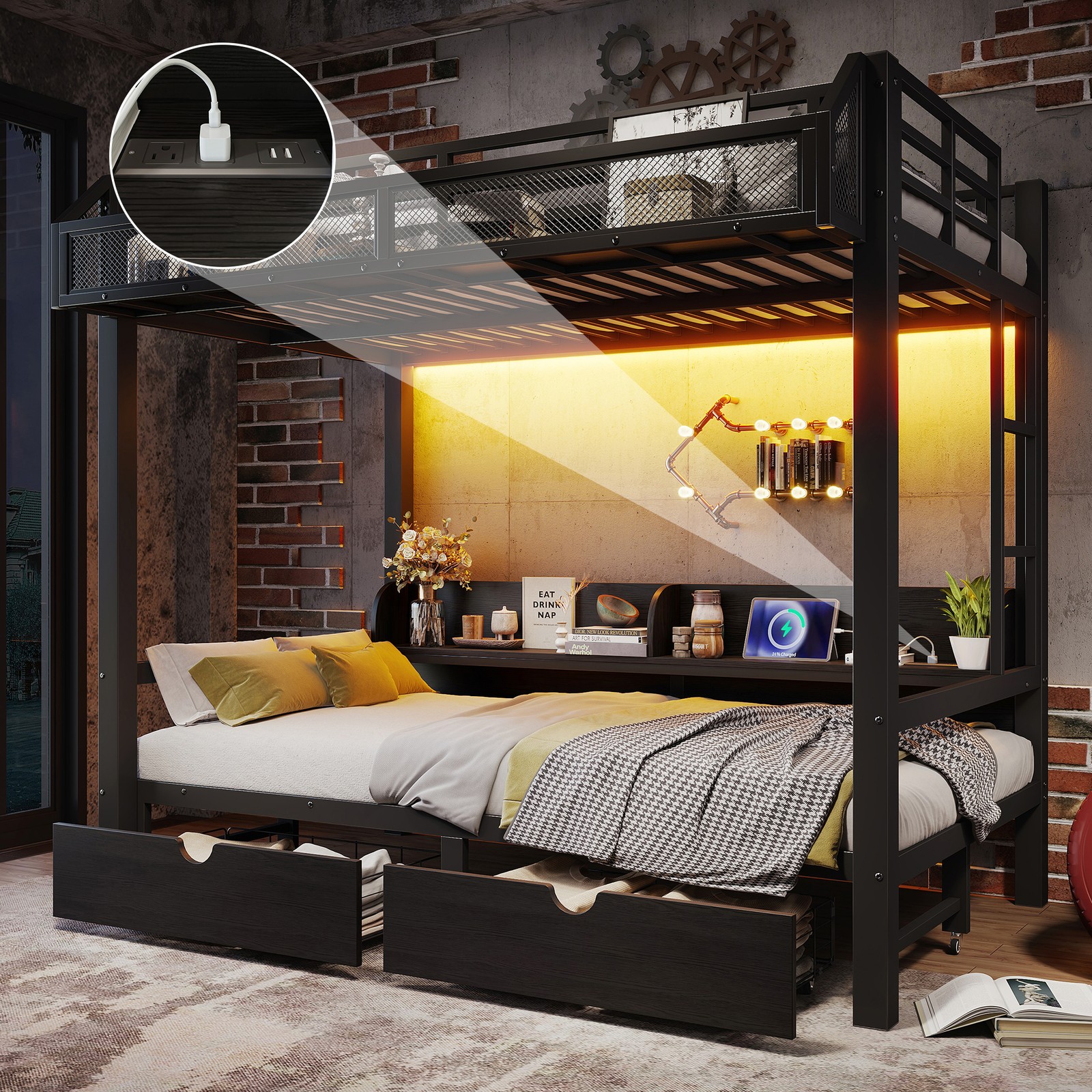 Twin over Twin Bunk Bed with Storage Shelves and Drawers,Multifunctional Metal B