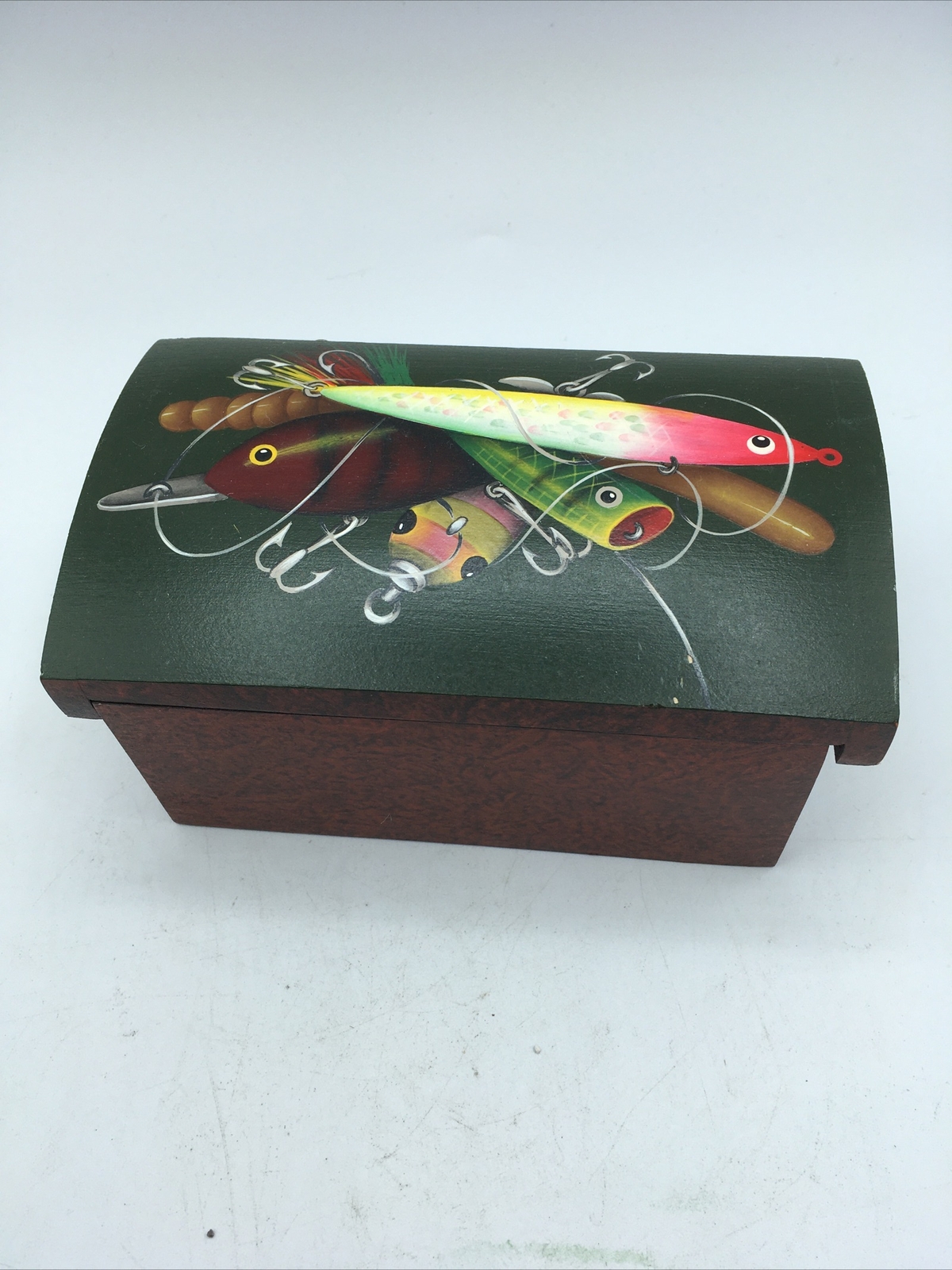handpainted wooden trinket box fishing lures hinged lid