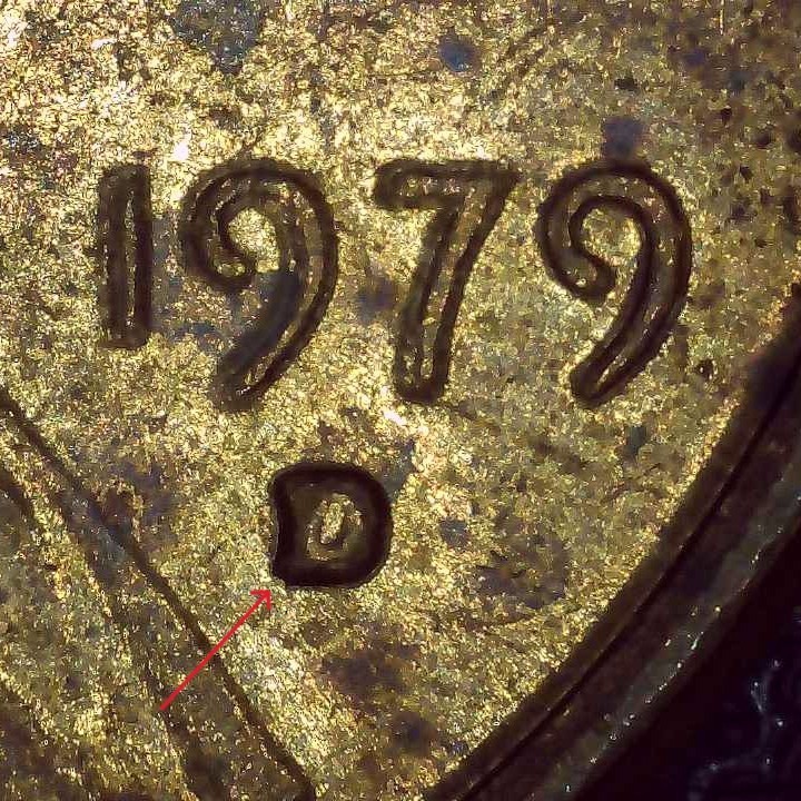 1979 D Lincoln Penny error repunched mintmark, misaligned die