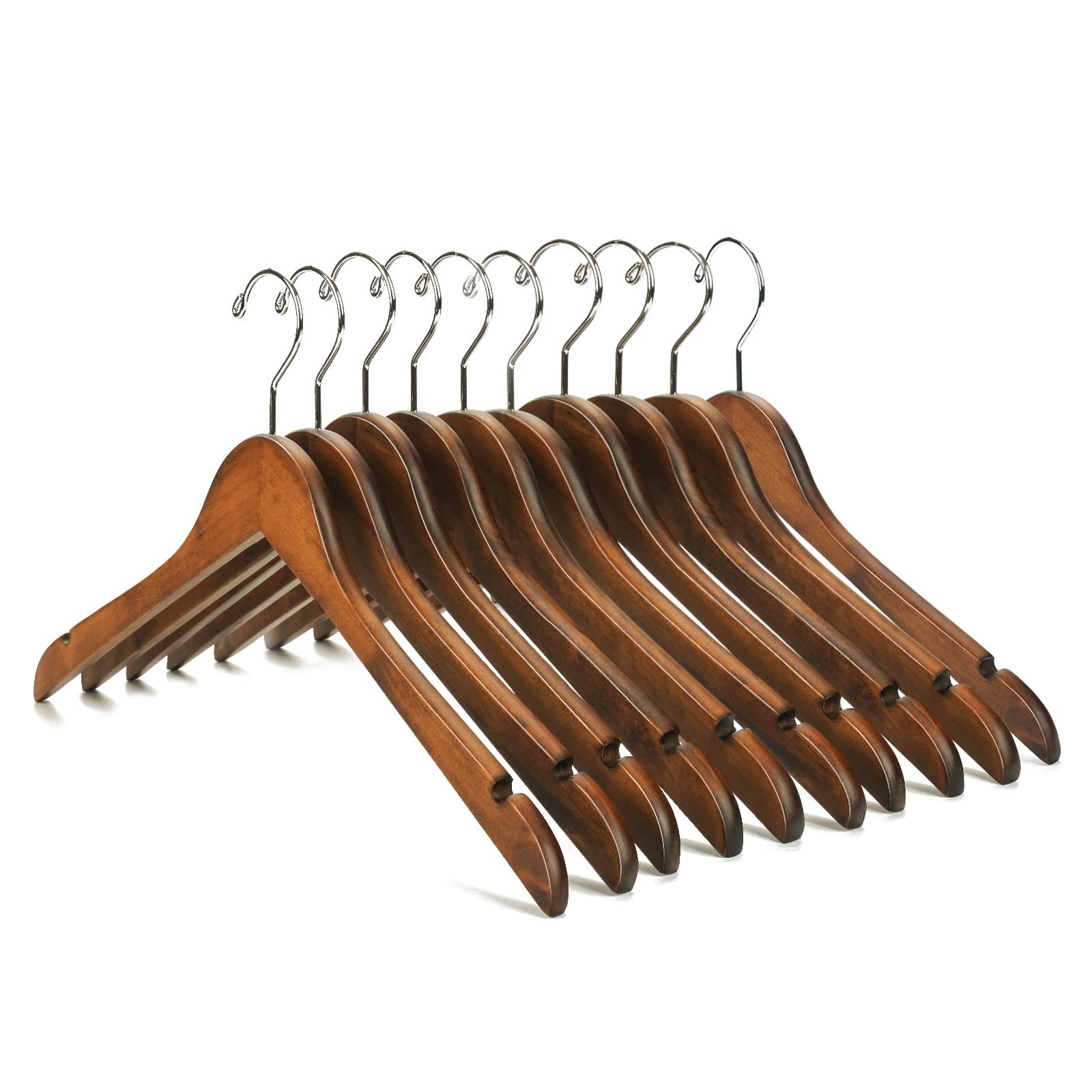 Wood Shirt  Dress Hangers with Notches, Chrome Hook, Pack of 10