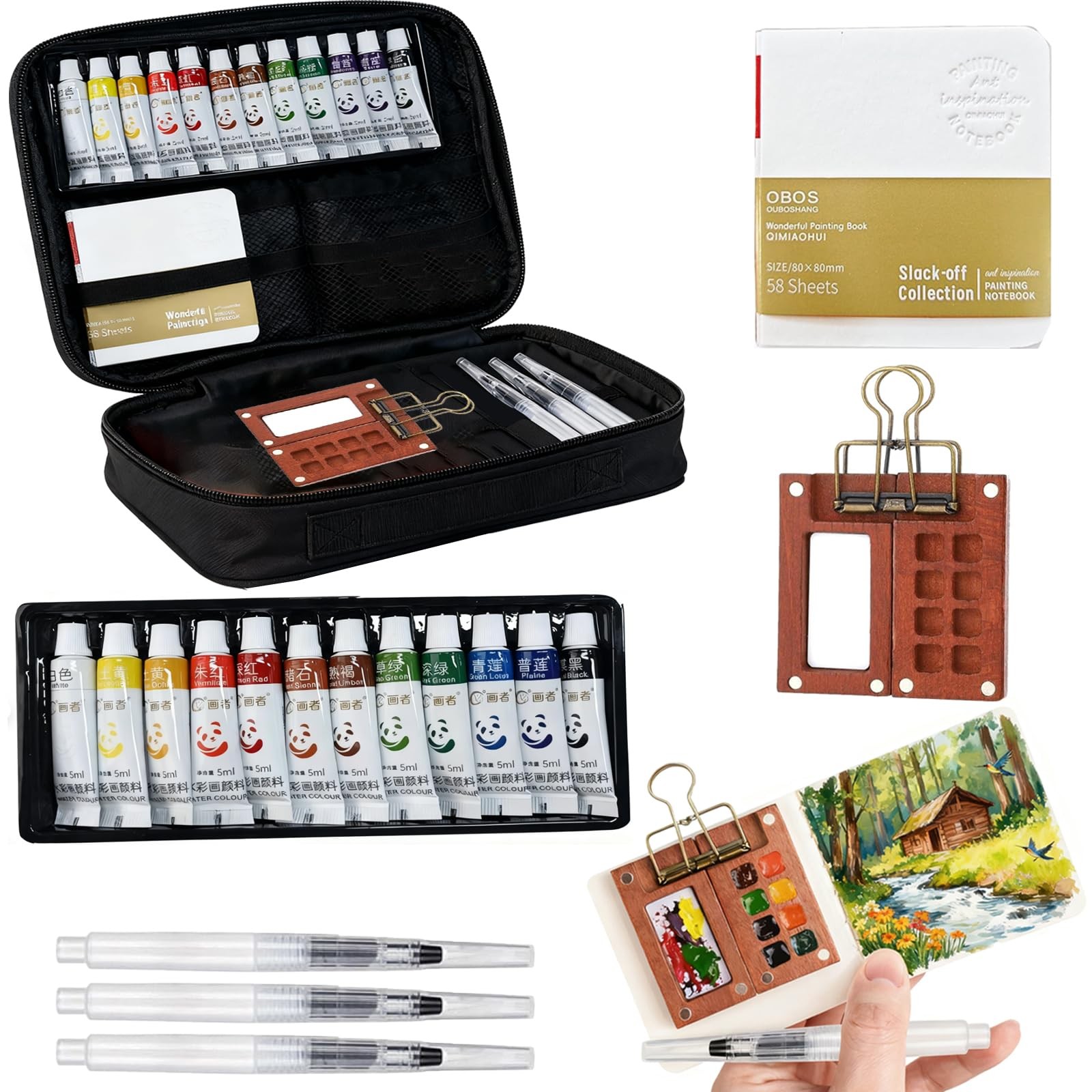 Mini Paint Kit, Mini Travel Set, Wood Pocket Palette Travel Paint Kit with Ca...