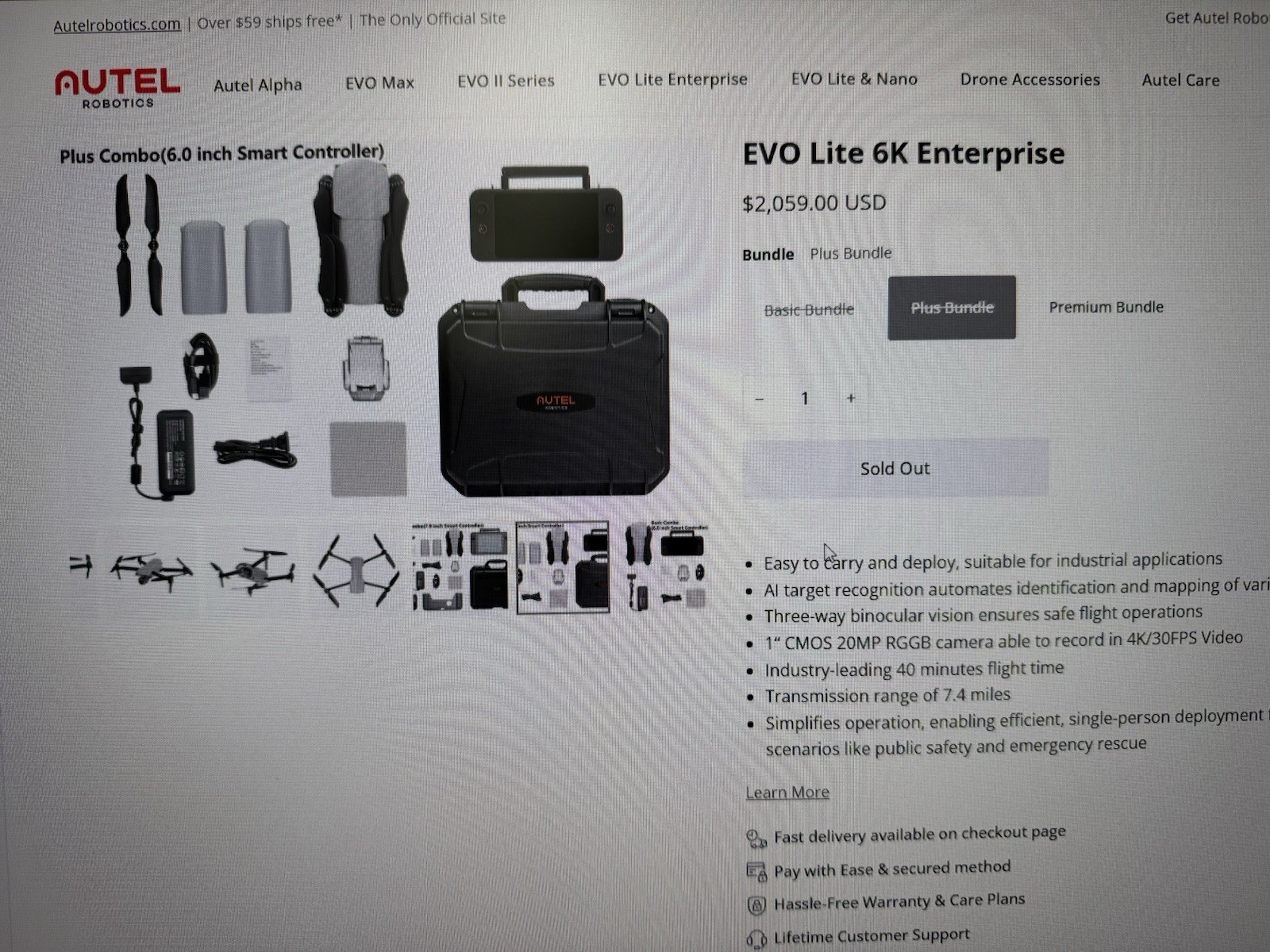 Autel Robotics EVO Lite 6K Enterprise Drone, 40min Flight, 7.4mi Range