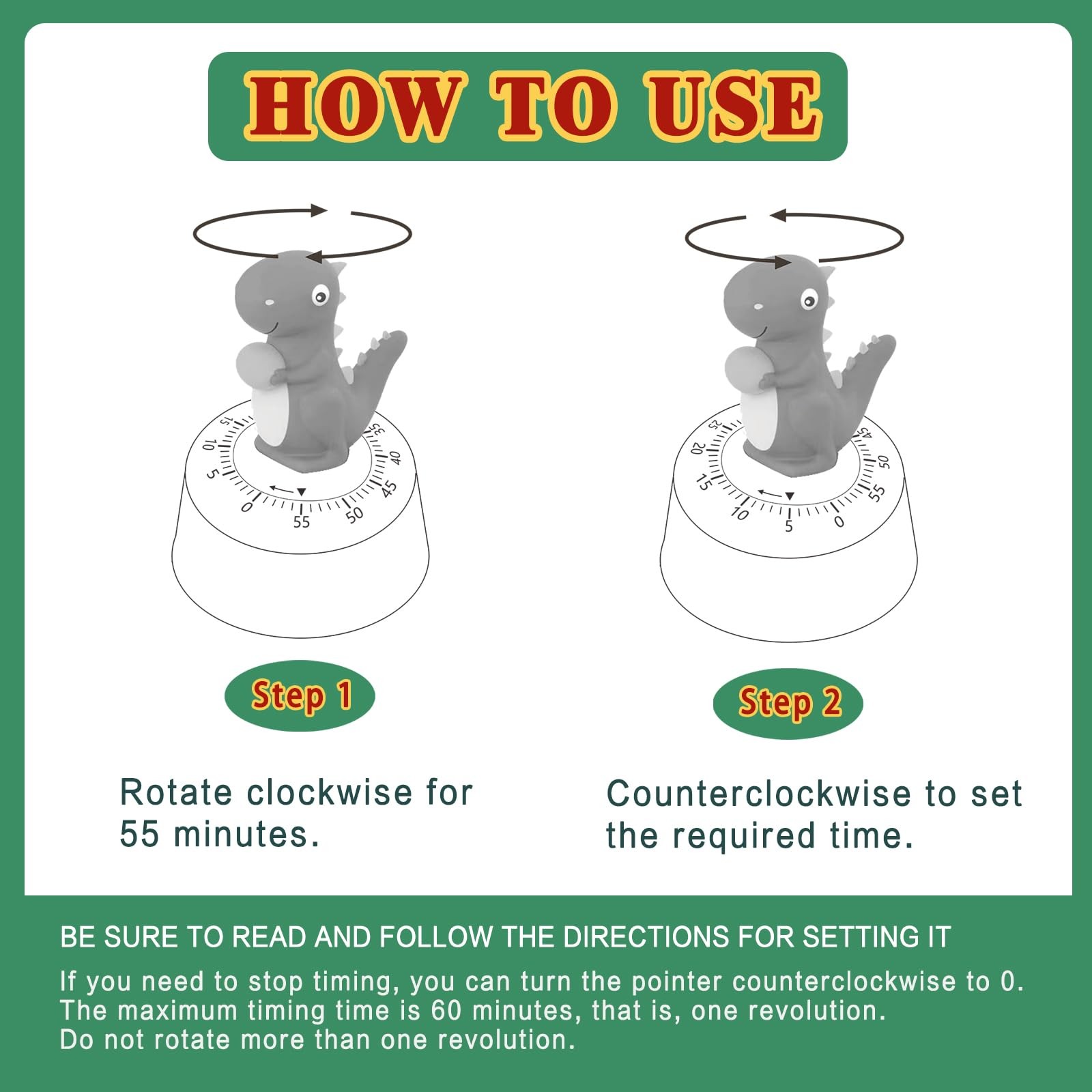 ELE DEPI 60 Minutes Mechanical Kitchen Timer,Cute Dinosaur Timer for Kids,Win...