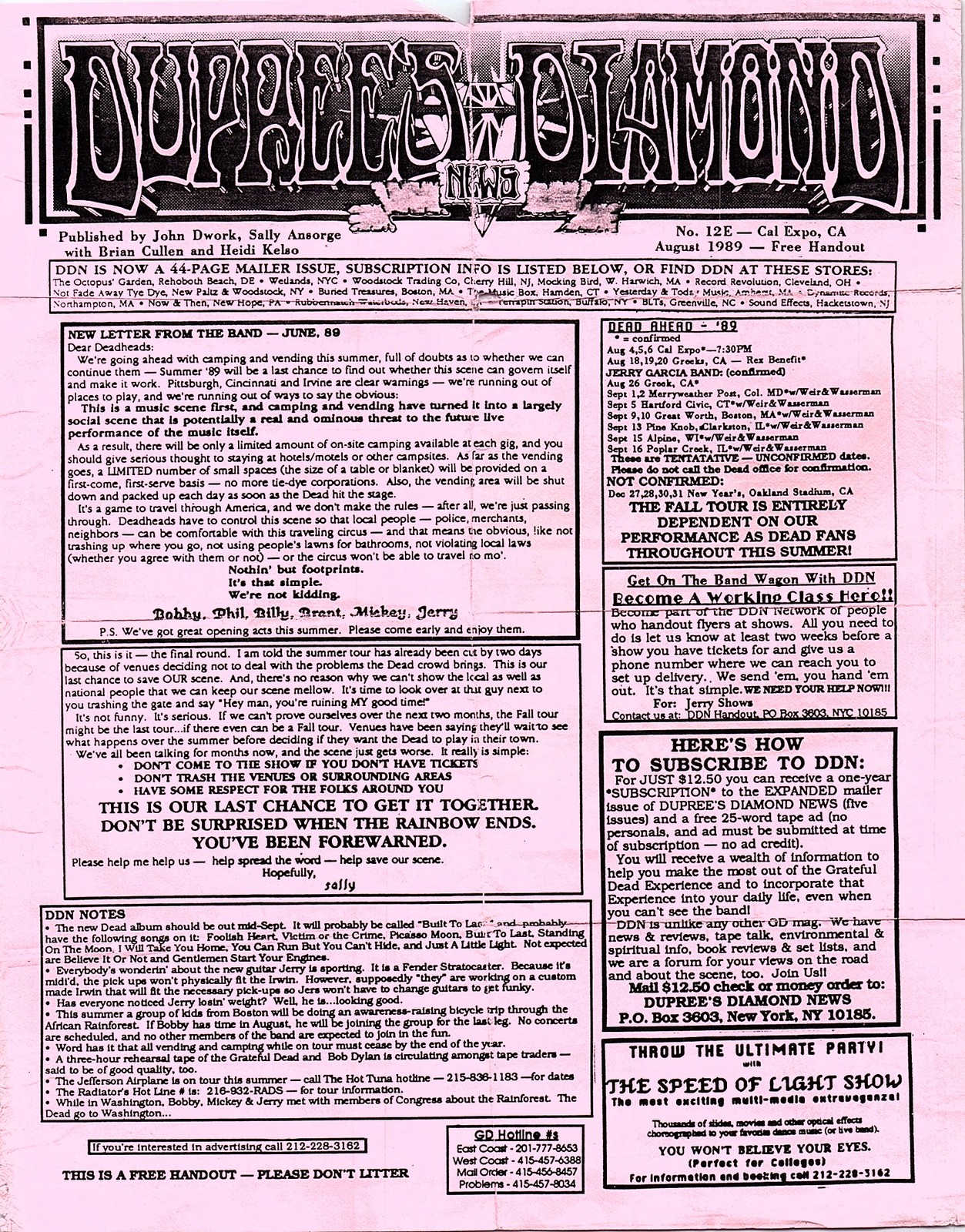 Vintage Grateful Dead Dupree's Diamond News Newsletter Summer 1989 Tour Jerry