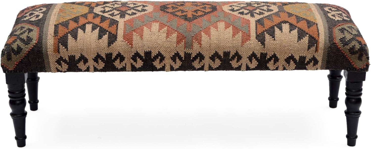 NATURAL FURNISH Acacia Wood Kilim Jute Upholstered Bench Ottoman for Home Walnut
