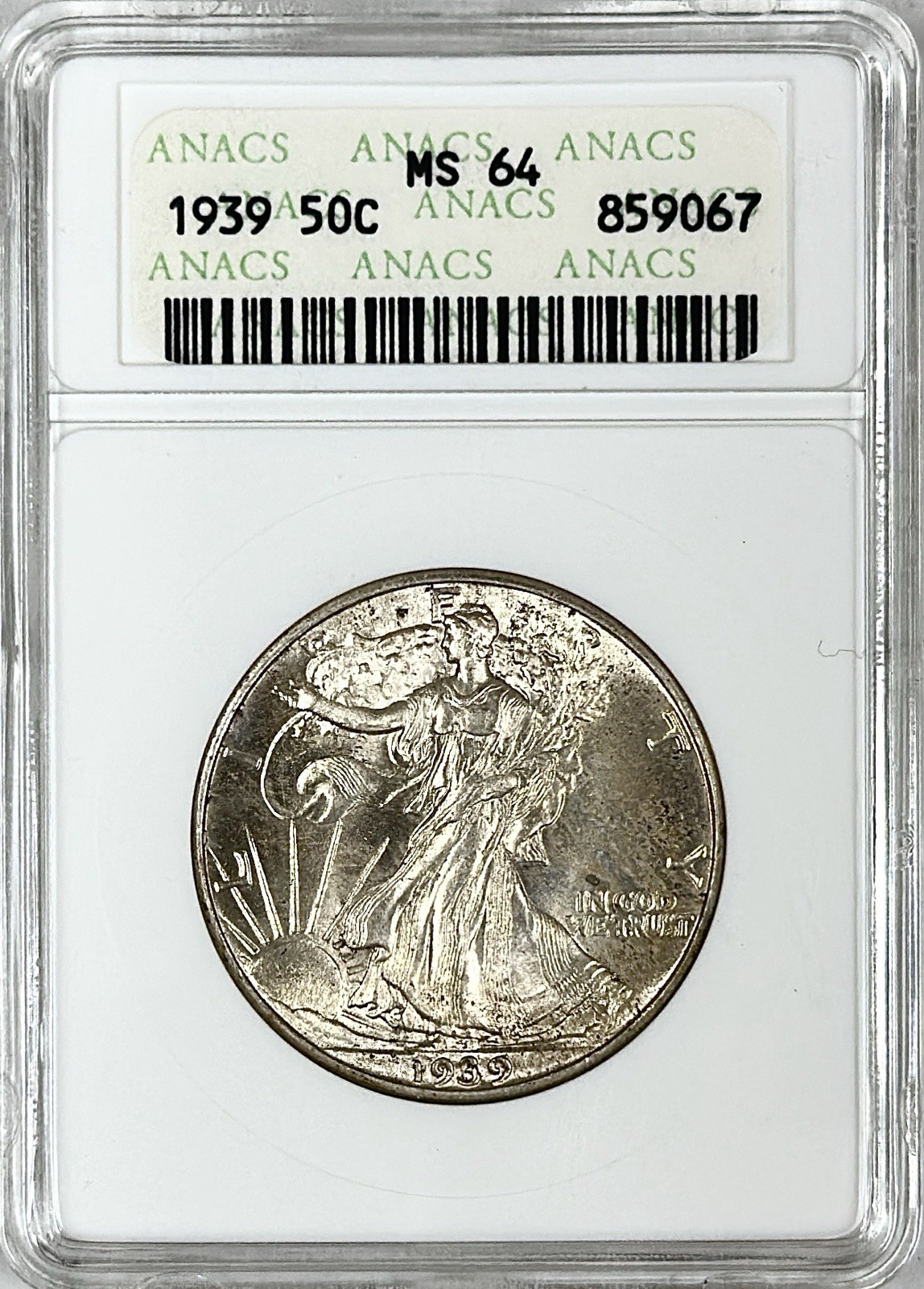 1939 WALKING LIBERTY HALF DOLLAR ANACS MS64 OLD SOAP BOX HOLDER