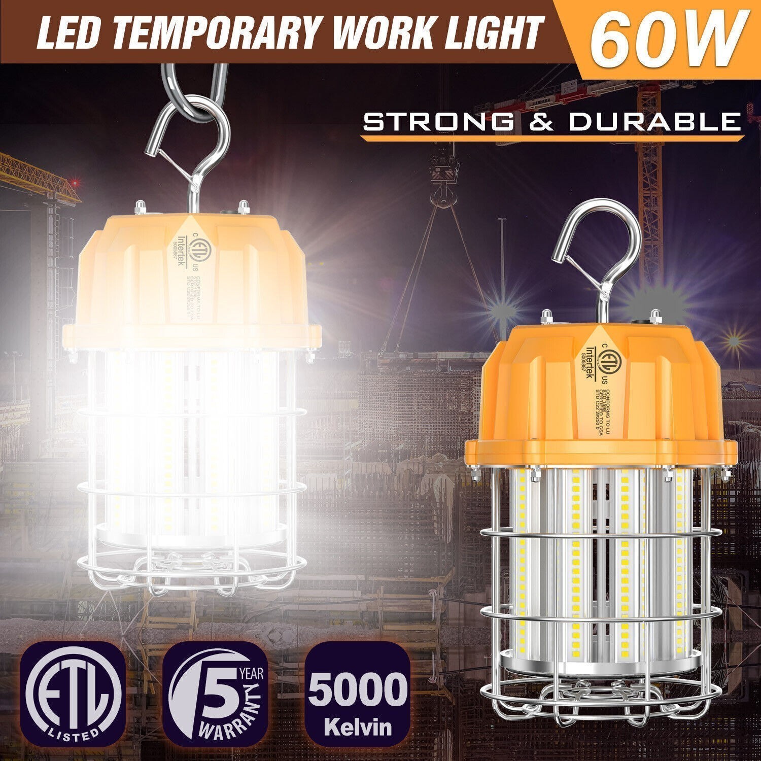 LED Temporary Work Light 60W 9000LM Hanging Construction Jobsite Lighting 5000K