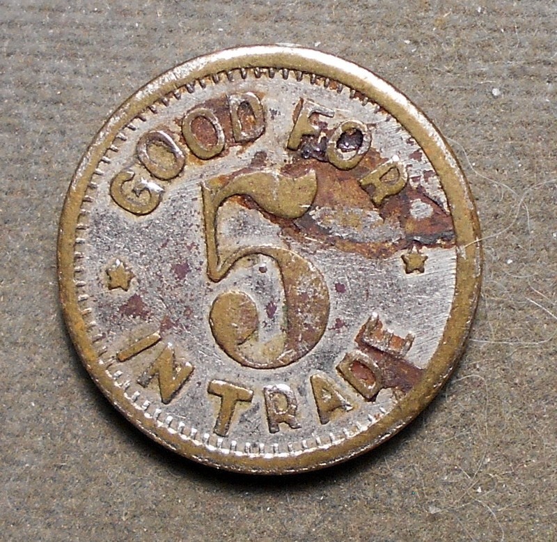 Erie PA: P.J. Gouron   Good For 5c In Trade. Nickel plated brass, 21mm, TC-4350