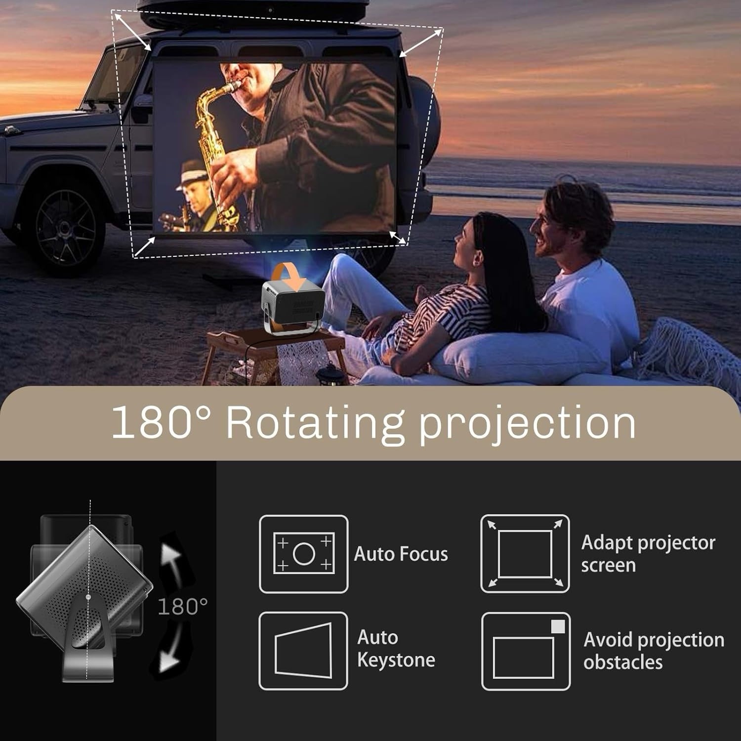 Smart Projector with Wifi and Bluetooth,Built-In Apps Auto Focus & Keystone,1080