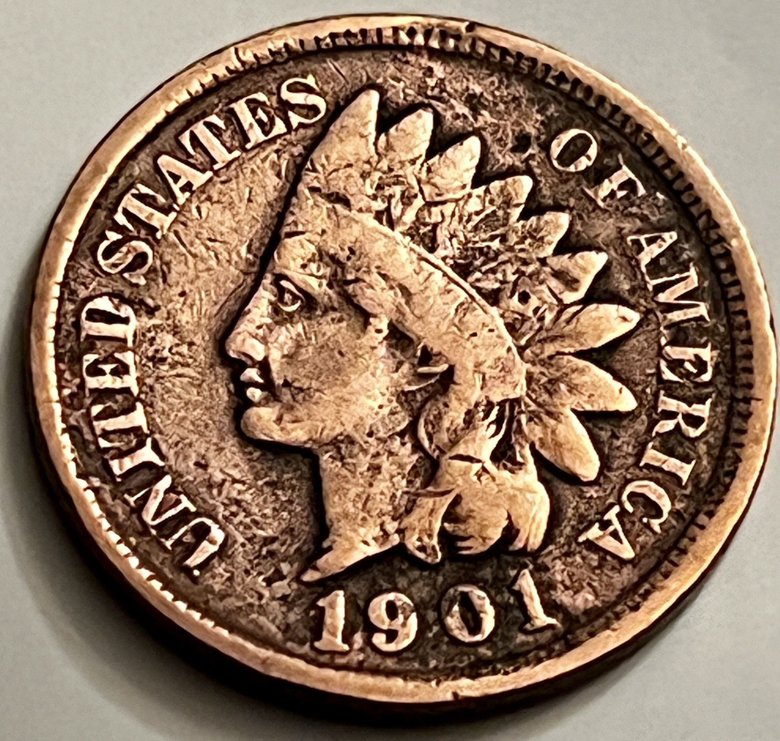 1901 Indian Head Cent Circulated Rough Fields Date Clear BN1360