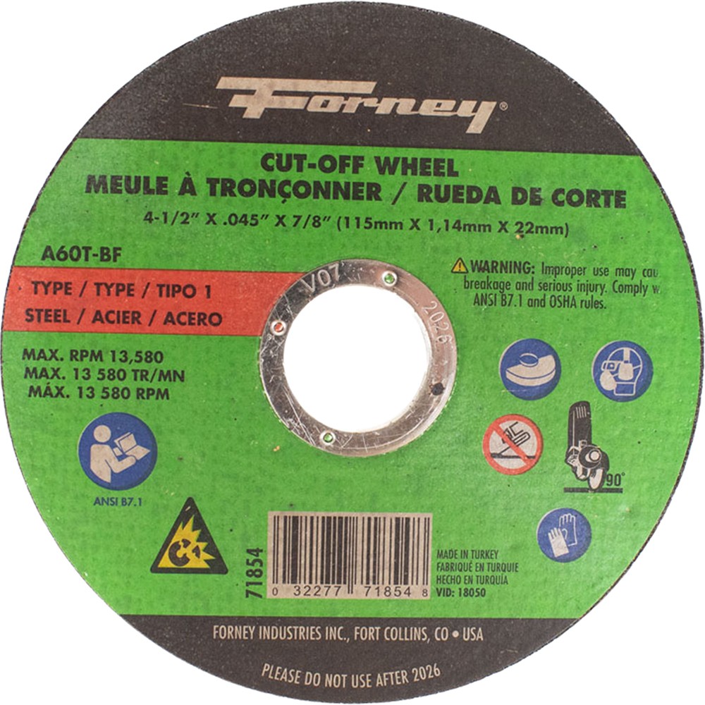Cut-Off Wheel, Metal, Type 1, 4-1/2 x .045 x 7/9 - 26 Each FOR-71854
