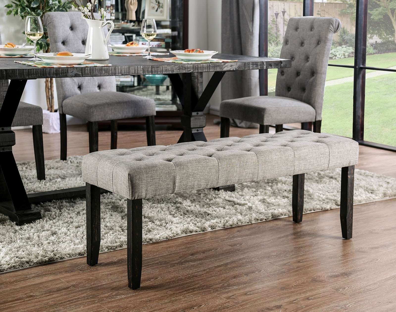 Classic Light Gray Color 1PC BENCH Button Tufted Linen Like Fabric Solid wood