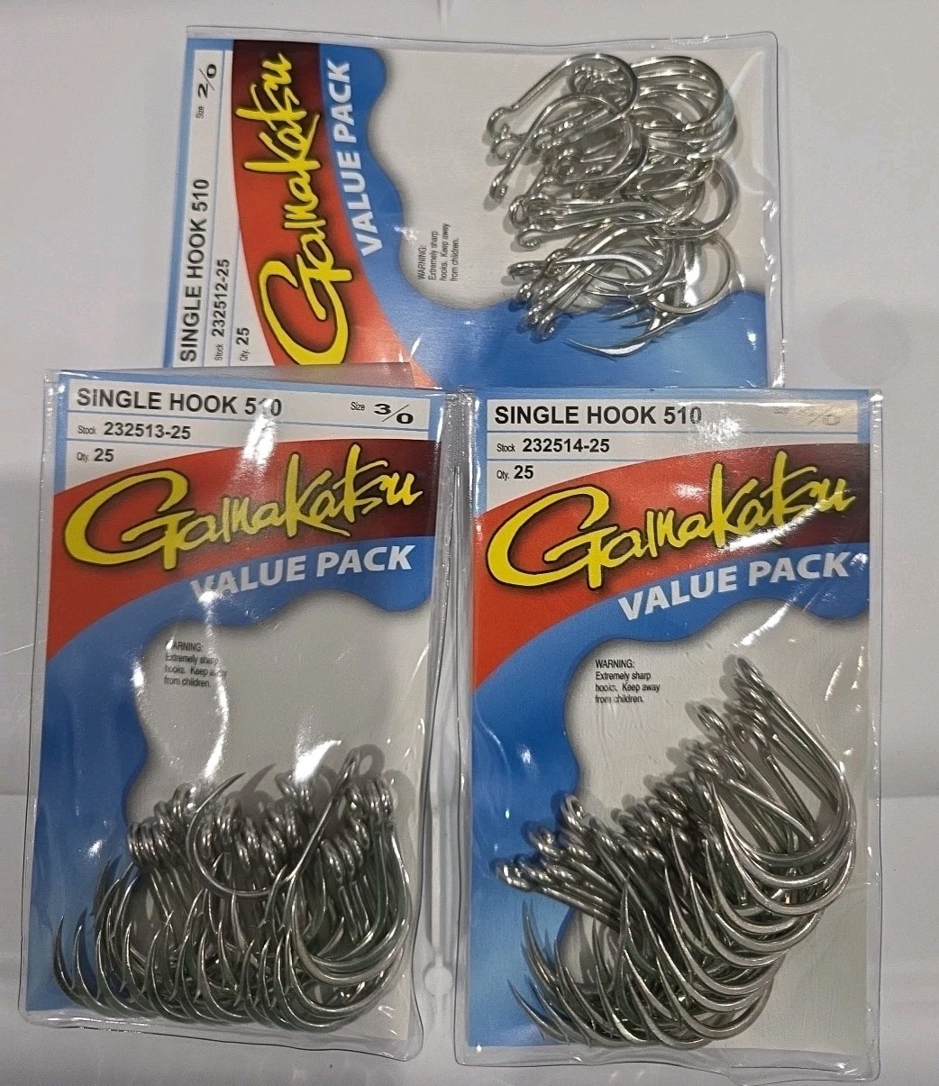 Lot of 3- Gamakatsu Hook 510 Fishing Hook Sz 2/0, 3/0 4/0 Silver Open Eye 25cnt
