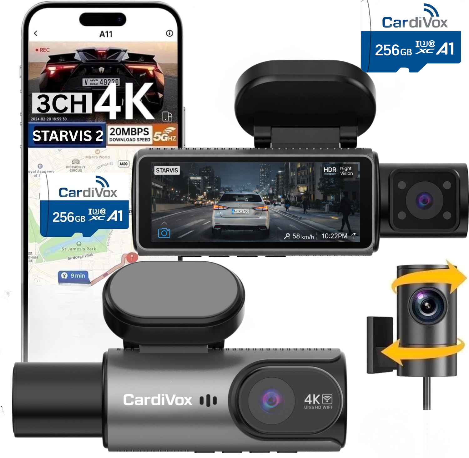 CardiVox A21 3 Ch Dash Cam 4K+2.5K+2.5K Sony STARVIS 2 GPS WiFi ADAS 256GB