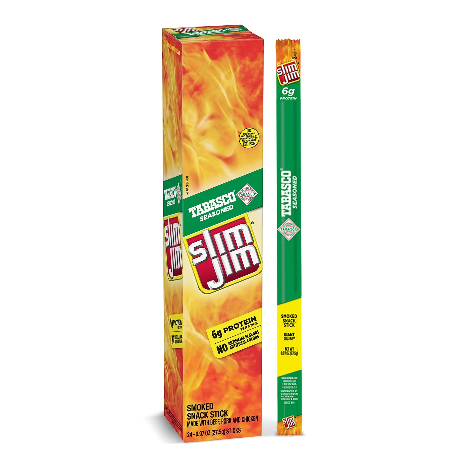 Slim Jim Giant Tabasco Seasoned Smoked Meat Sticks Pack of 24 Protein Snacks