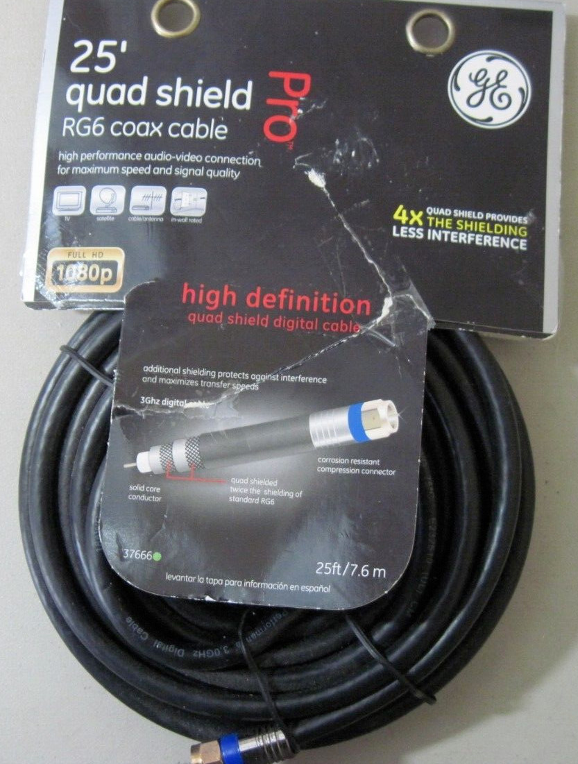 GE 25'/7.6M~Pro Quad Shield~High Definition~RG6 Coax Cable~Full 1080Hp~3GHZ~New