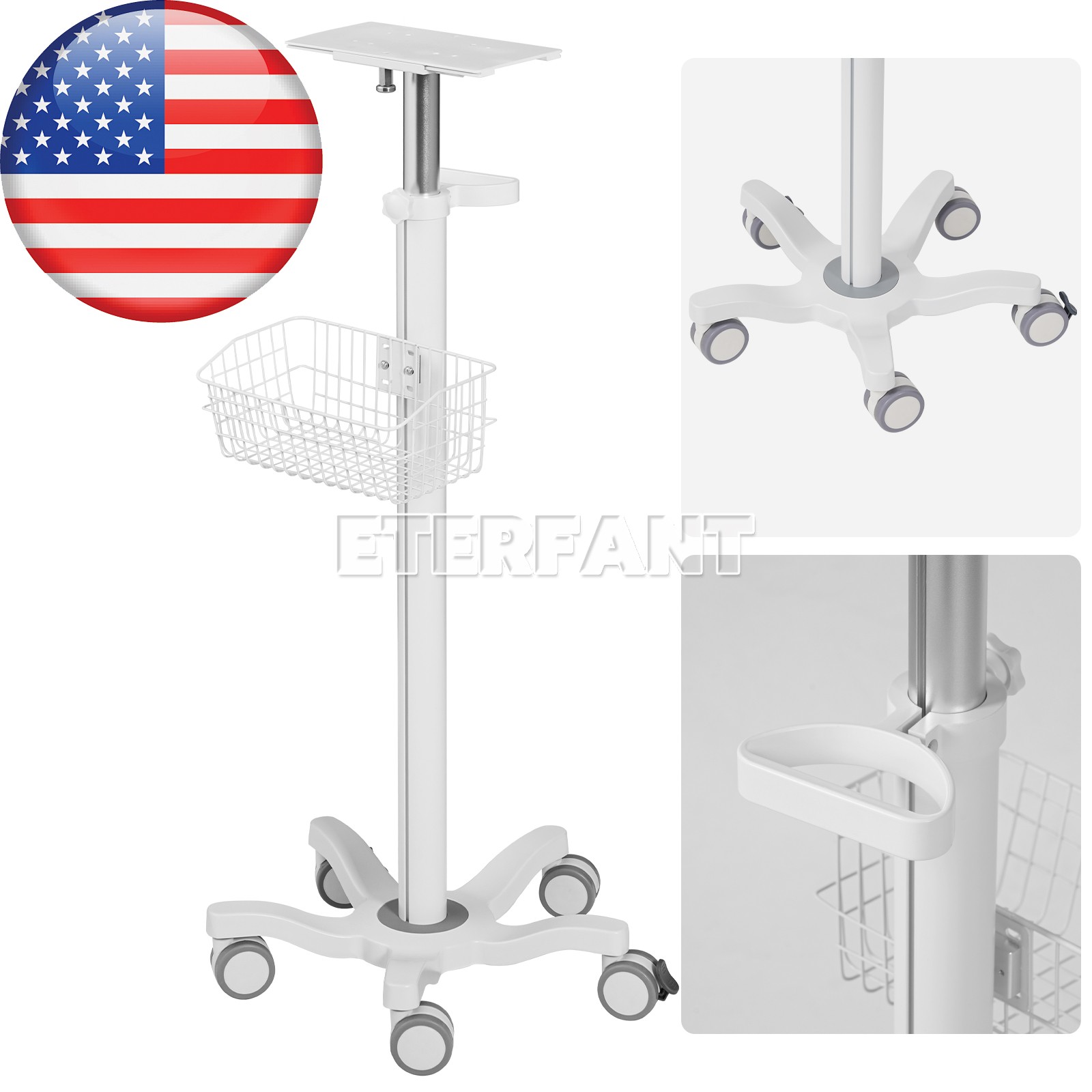 Medical Height-Adjustable Mobile Rolling Cart for Patient Monitor Trolley Basket