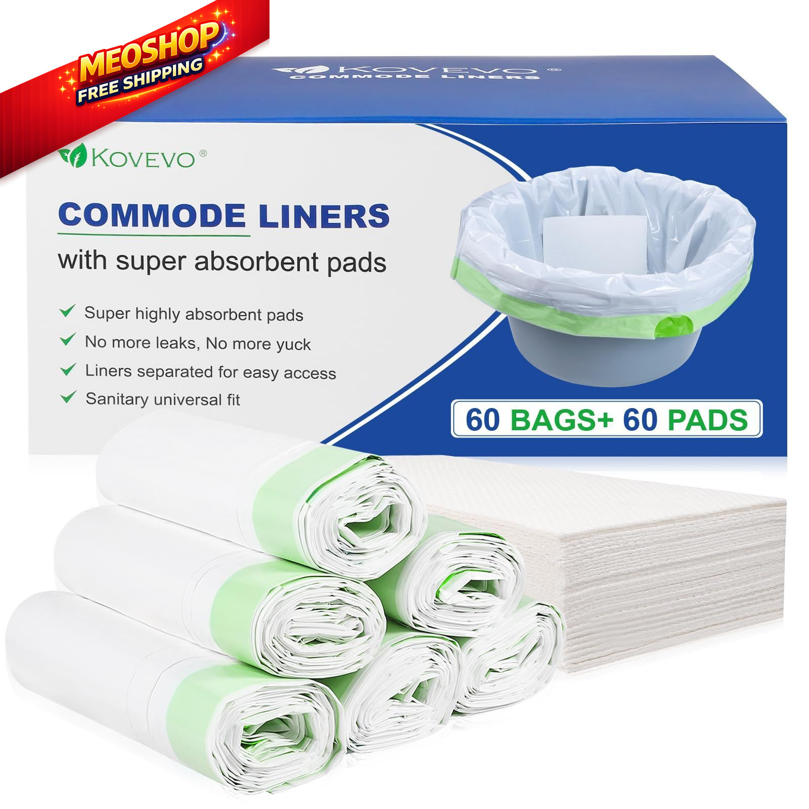 Kovevo 60 Pack Commode Liners with Absorbent Pads, 120 Piece Set, Green-120