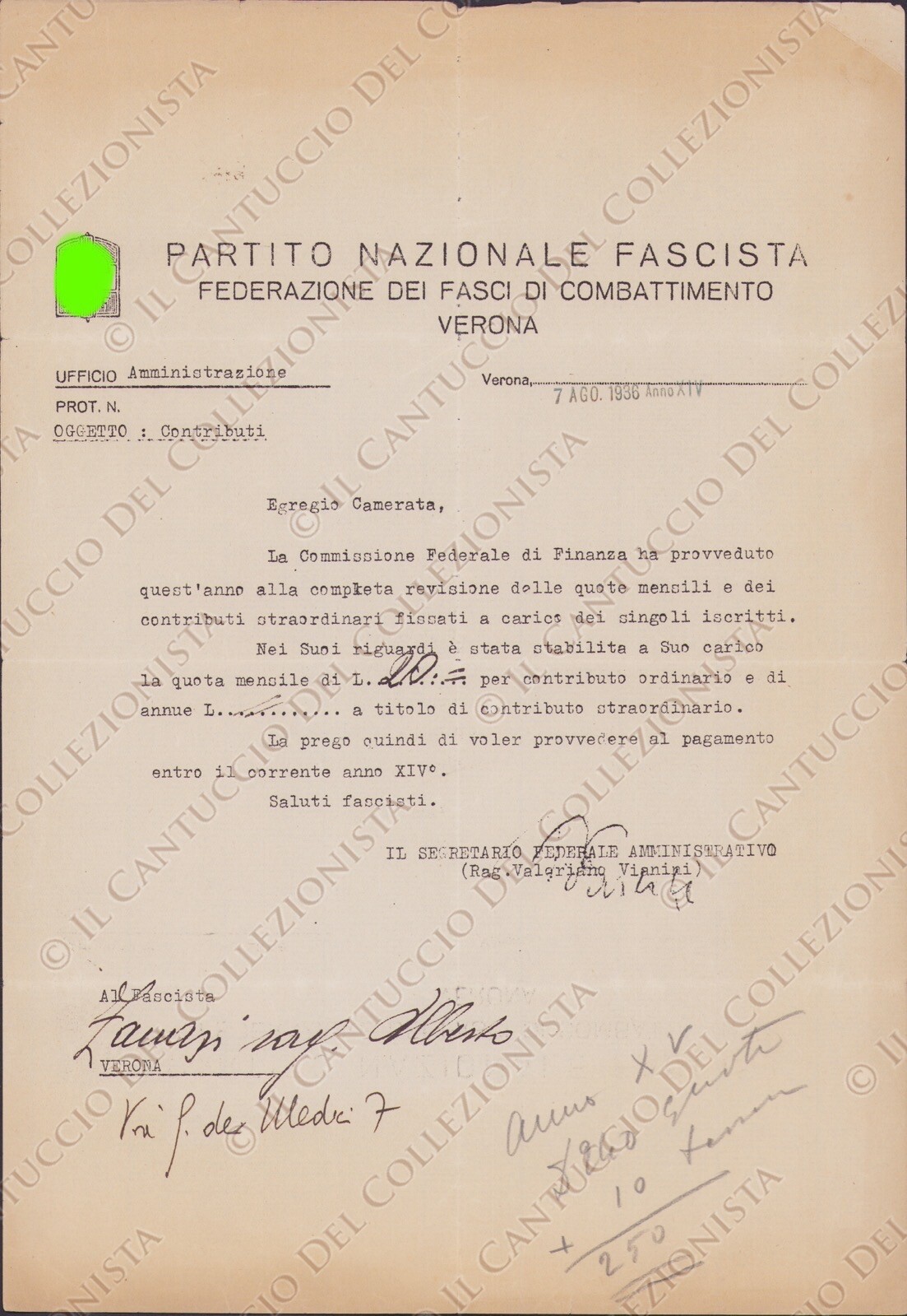 1936 VERONA Partito Nazionale Fascista Fascio Combattimento PNF documento