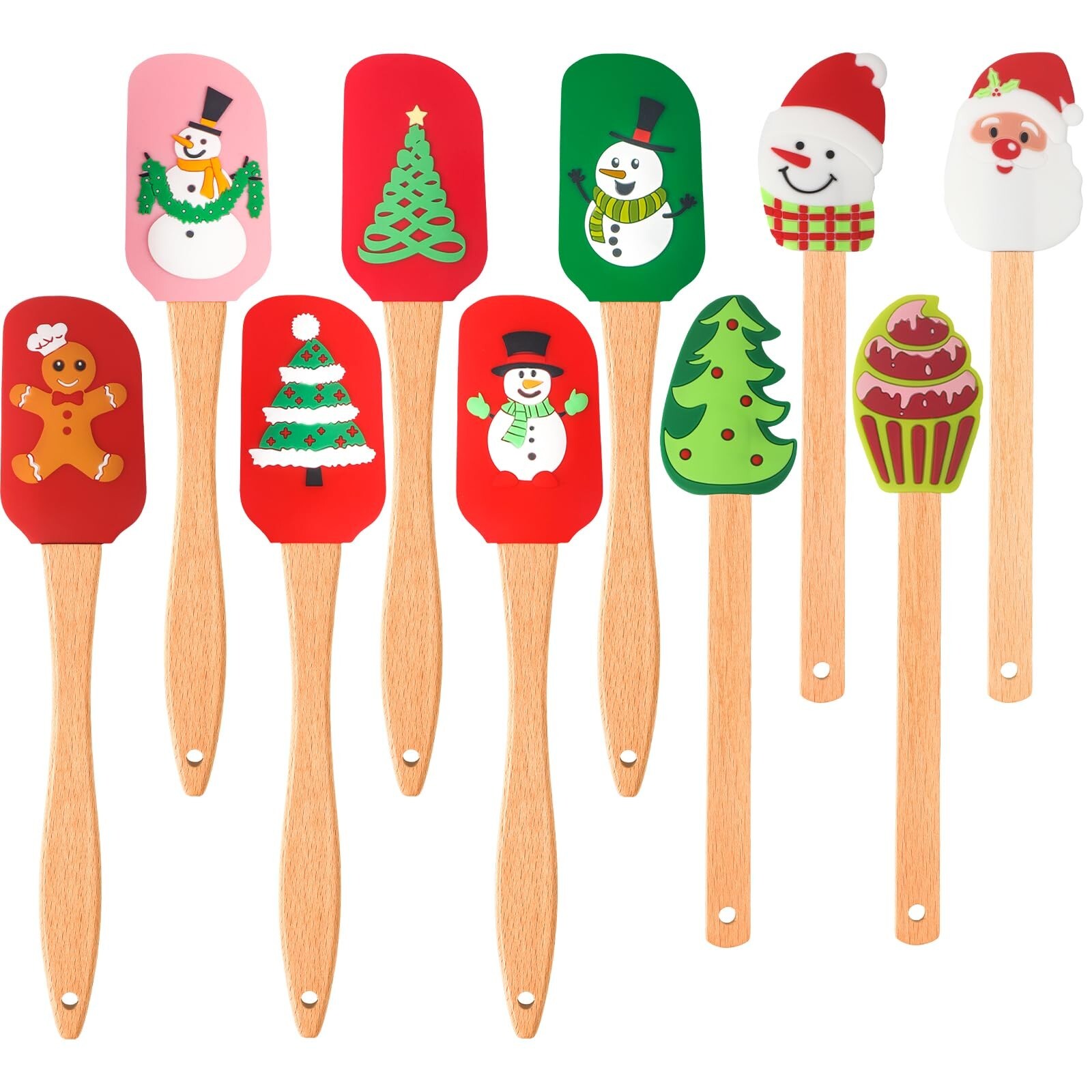 Patelai 10 Pcs Christmas Silicone Spatula Xmas Cake Spatula with Wooden Handl...