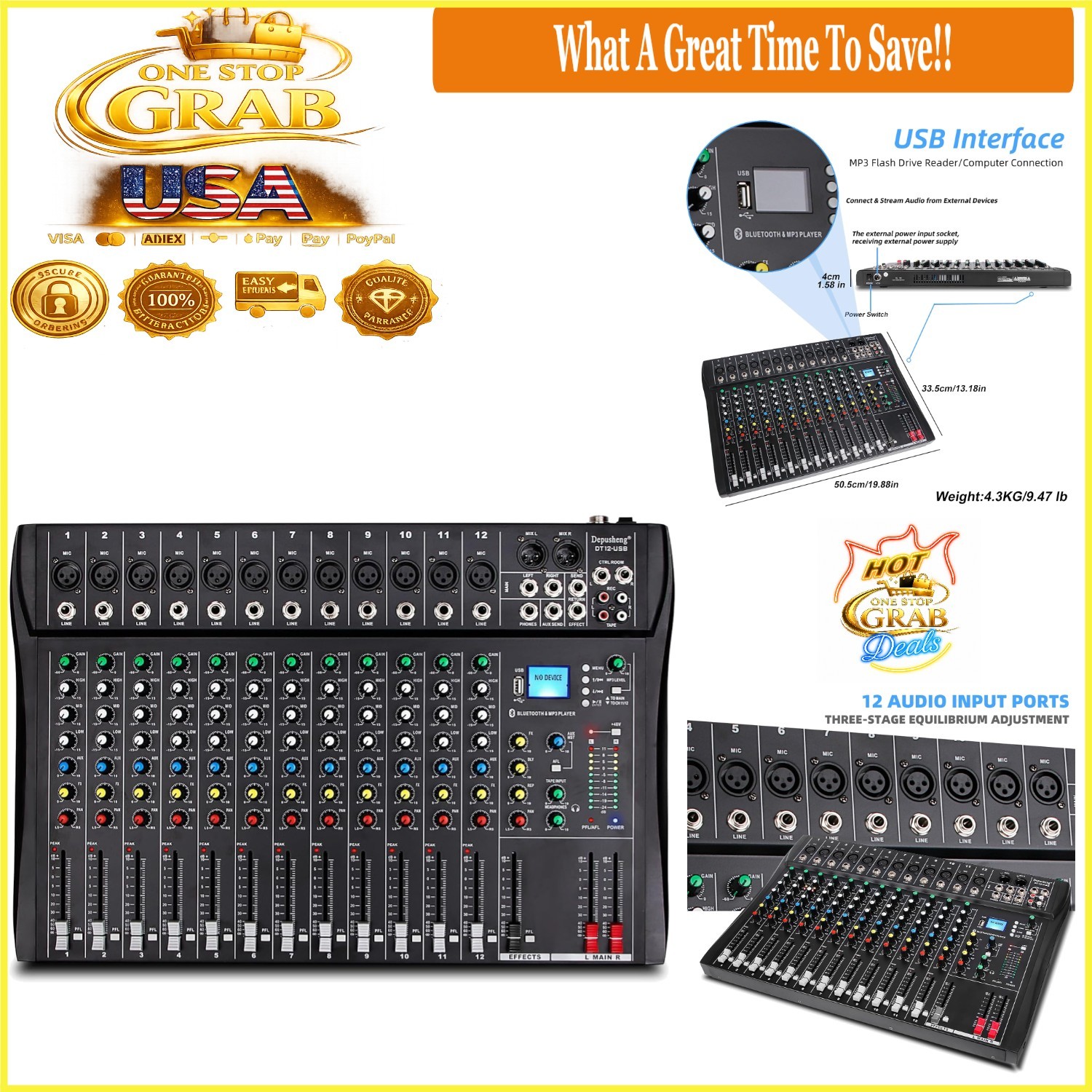 DT12 12-Channel DJ Audio Mixer with USB, Bluetooth, XLR & RCA Input
