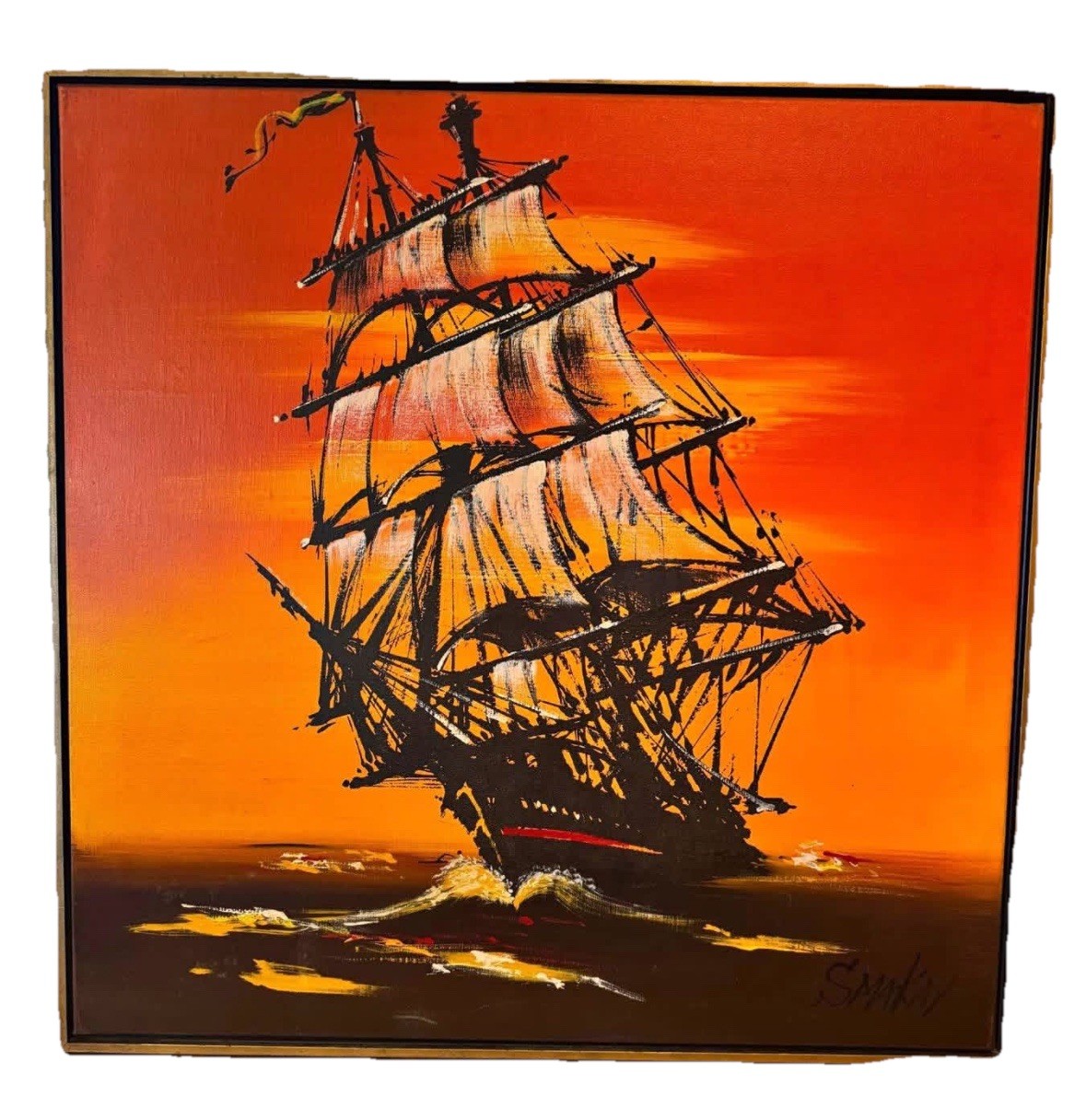 Vintage Mid Century Galleon Pirate Ship Painting Signed 31x31