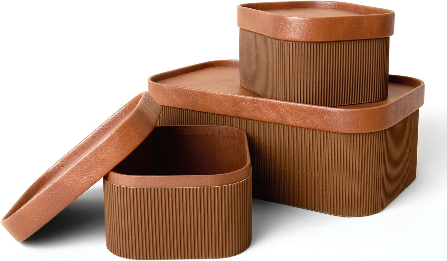3pcs Fluted Cardboard Storage Baskets w/ Leather-Like Lids,Stackable Paper Boxes