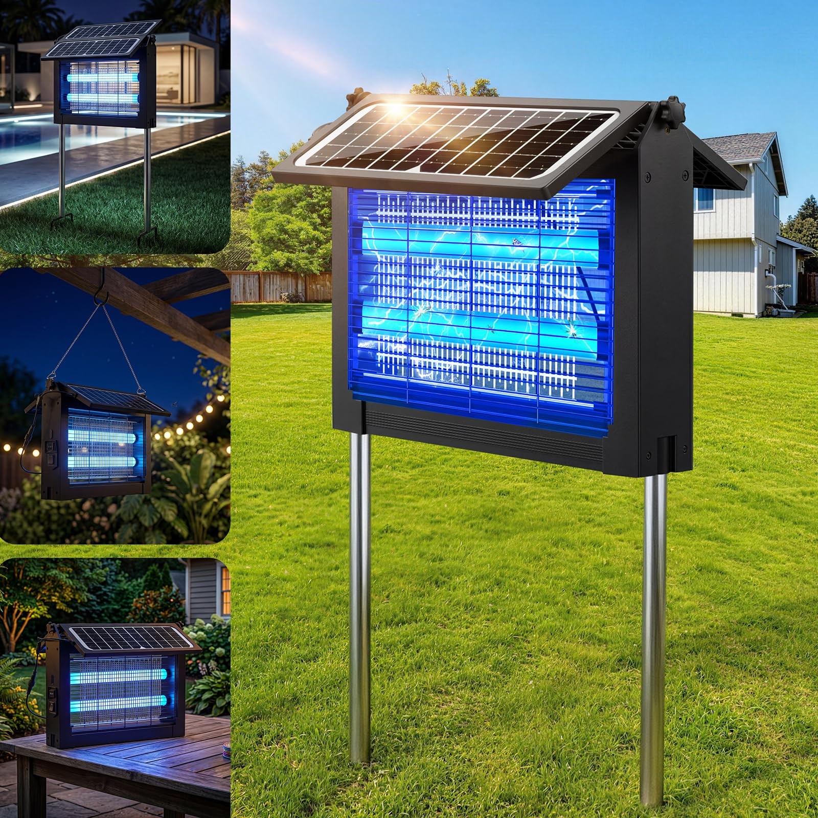 Upgraded Solar Bug Zapper Outdoor with Dual Panels, 4500V Cordless Black